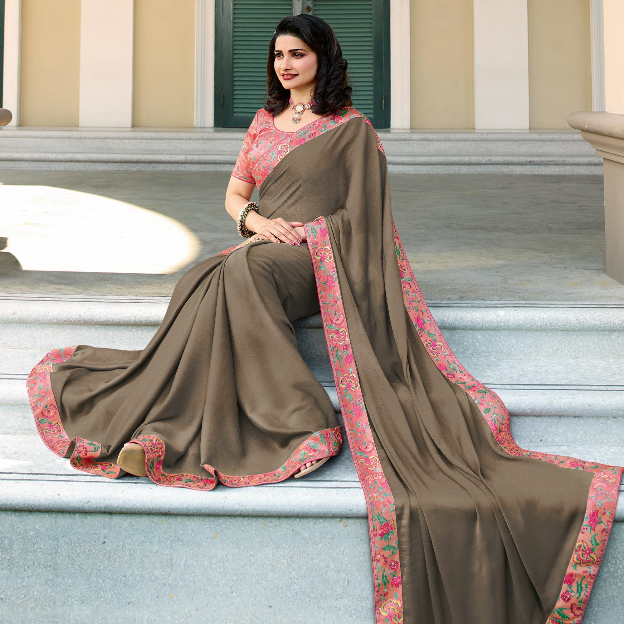 Brown Floral Digital Printed Georgette Saree