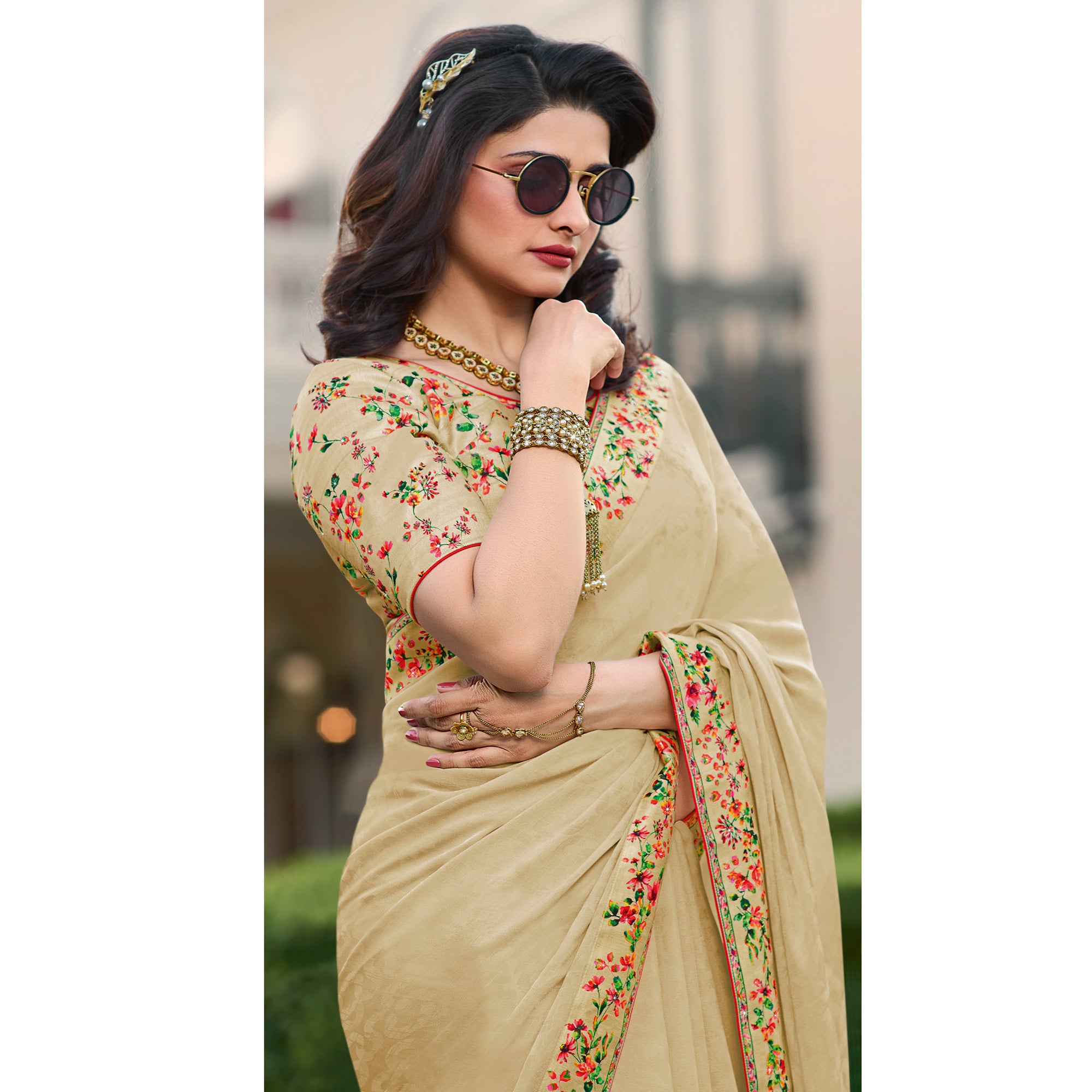 Cream Floral Digital Printed Georgette Saree