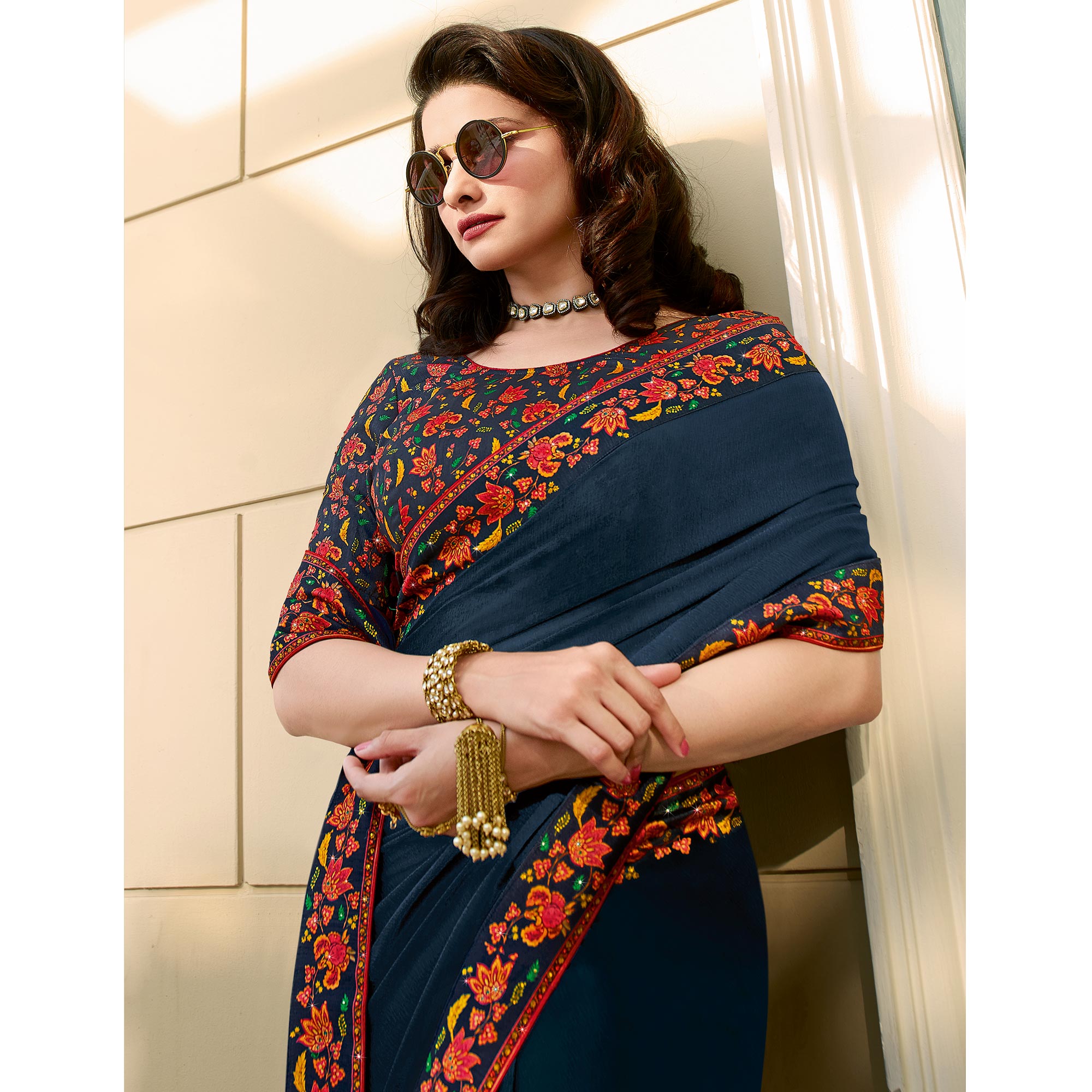 Navy Blue Floral Digital Printed Georgette Saree