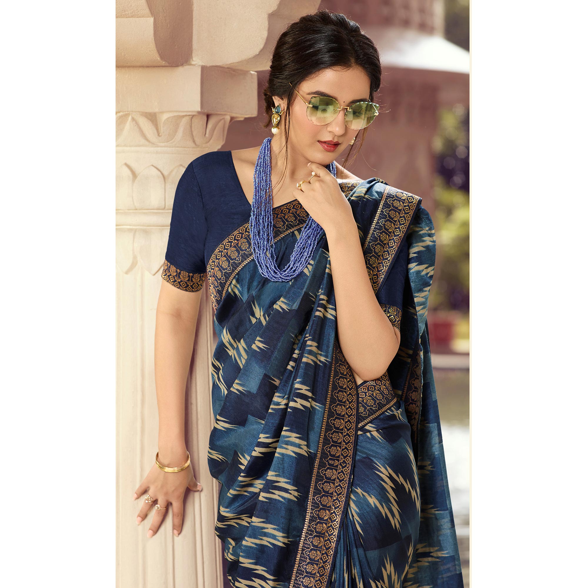 Navy Blue Printed Art Silk Saree