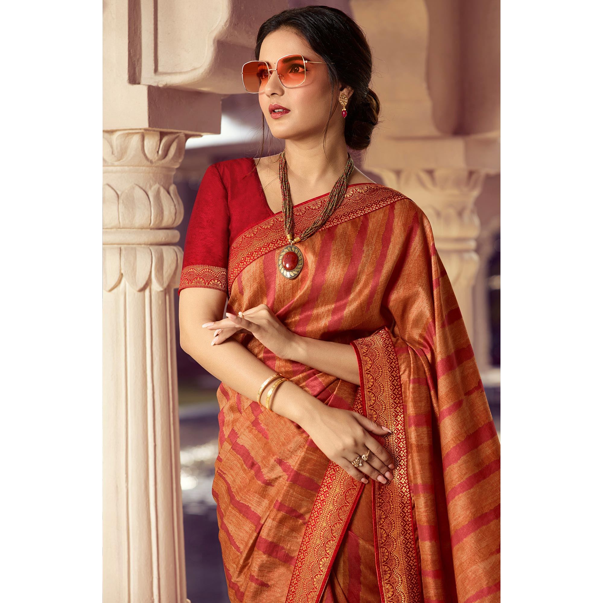 Orange Printed Art Silk Saree