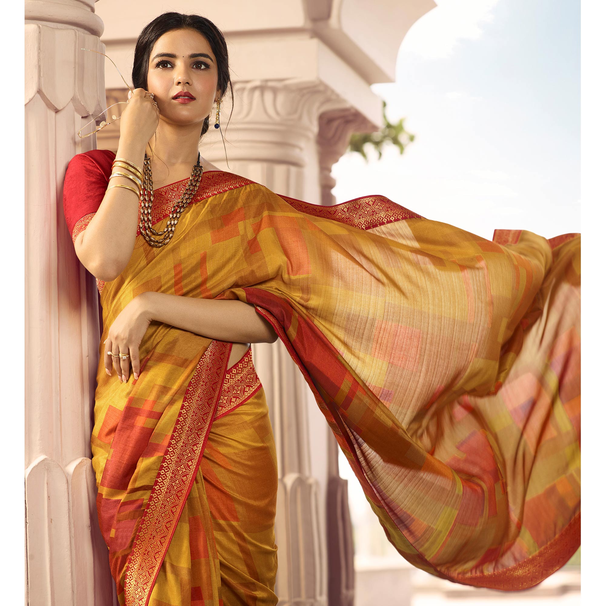 Yellow Printed Art Silk Saree