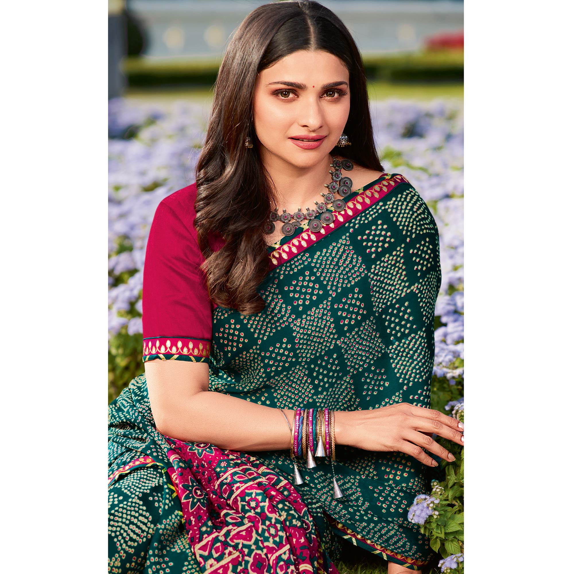 Dark Green Bandhani Printed Chiffon Saree