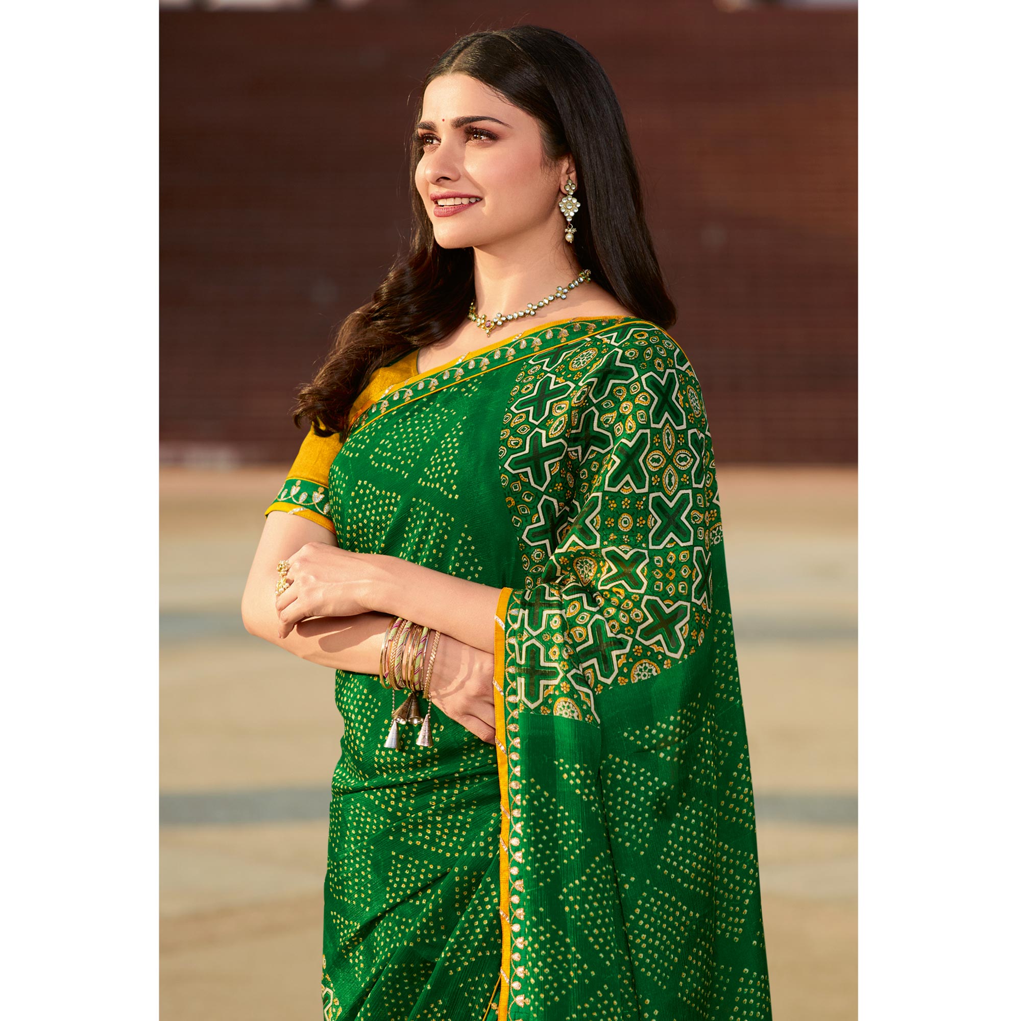 Green Bandhani Printed Chiffon Saree