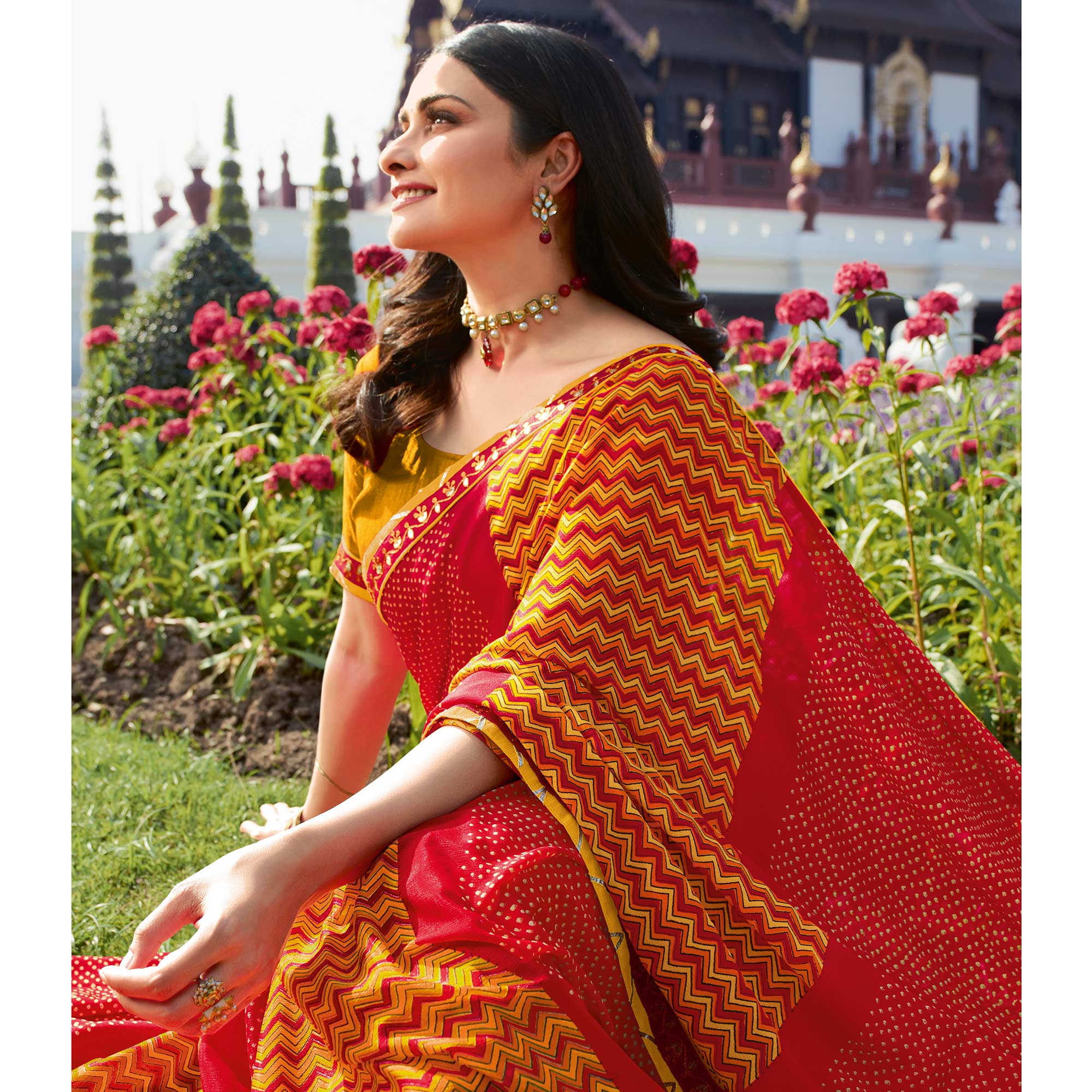 Red Bandhani Printed Chiffon Saree