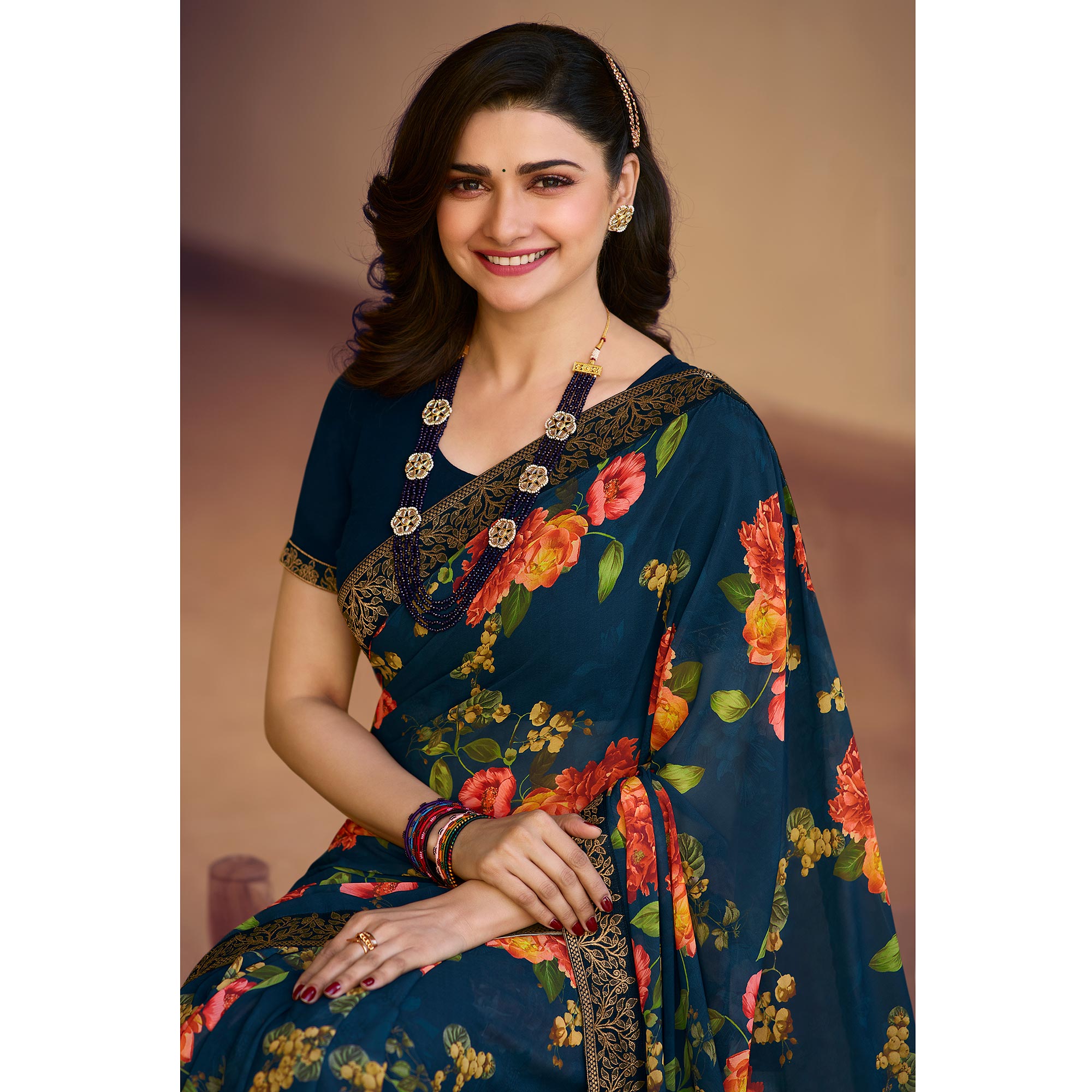 Navy Blue Floral Printed Georgette Saree