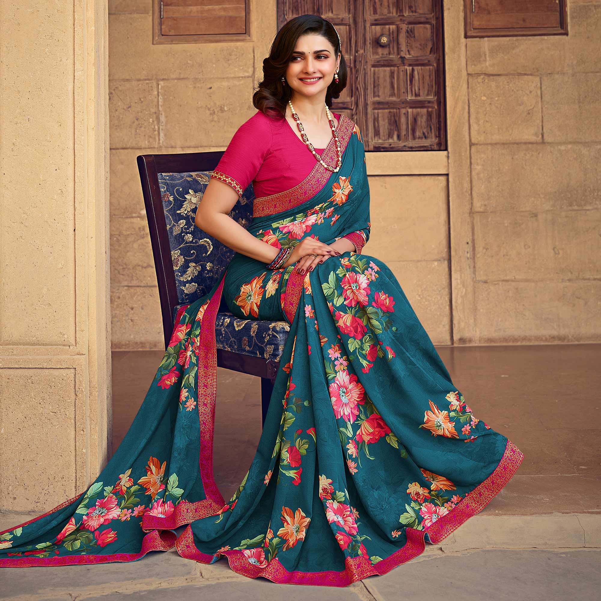 Teal Blue Floral Printed Georgette Saree