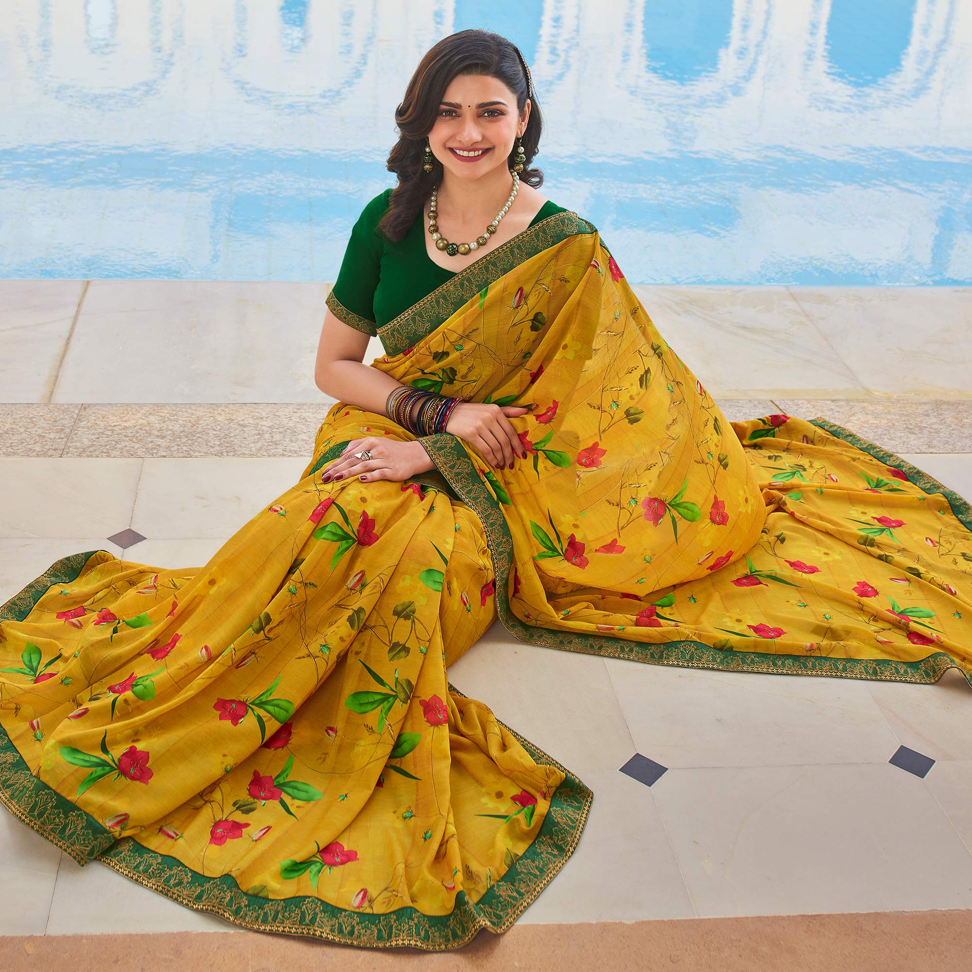 Yellow Floral Printed Georgette Saree