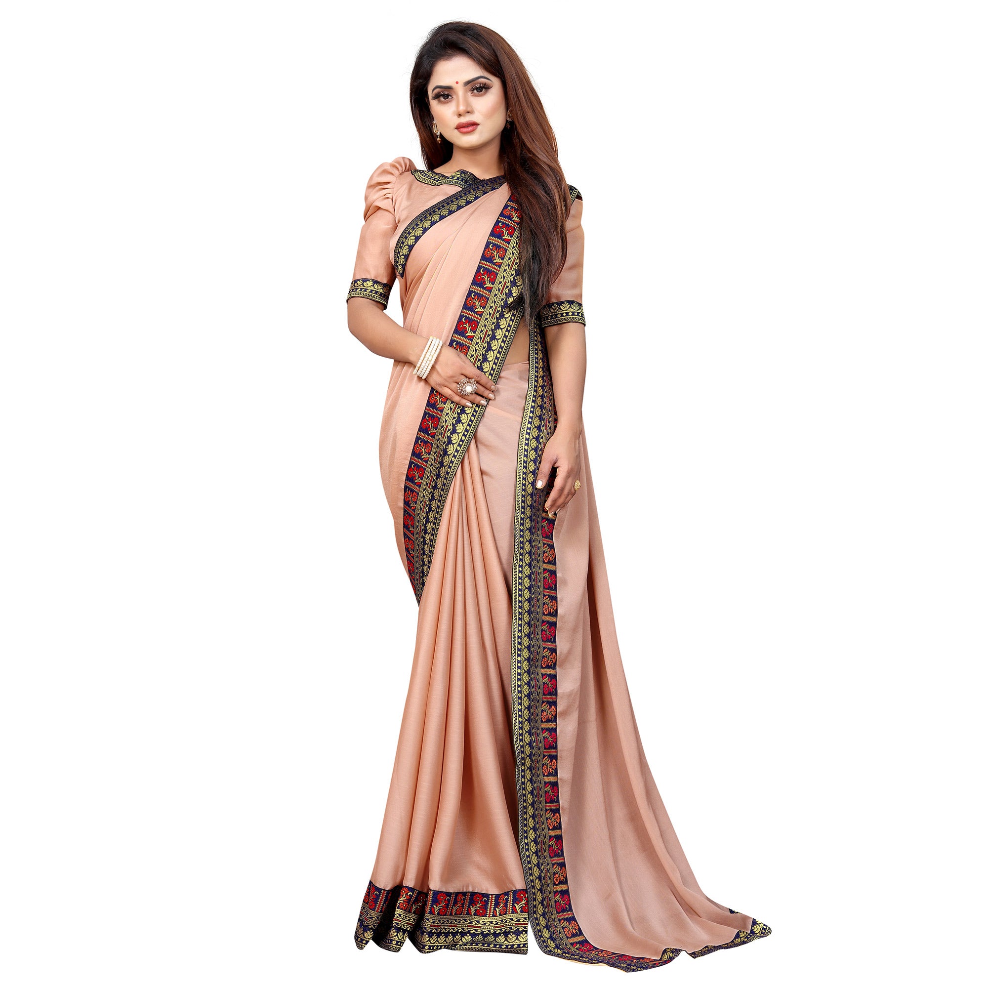 Beige Solid With Woven Border Vichitra Silk Saree