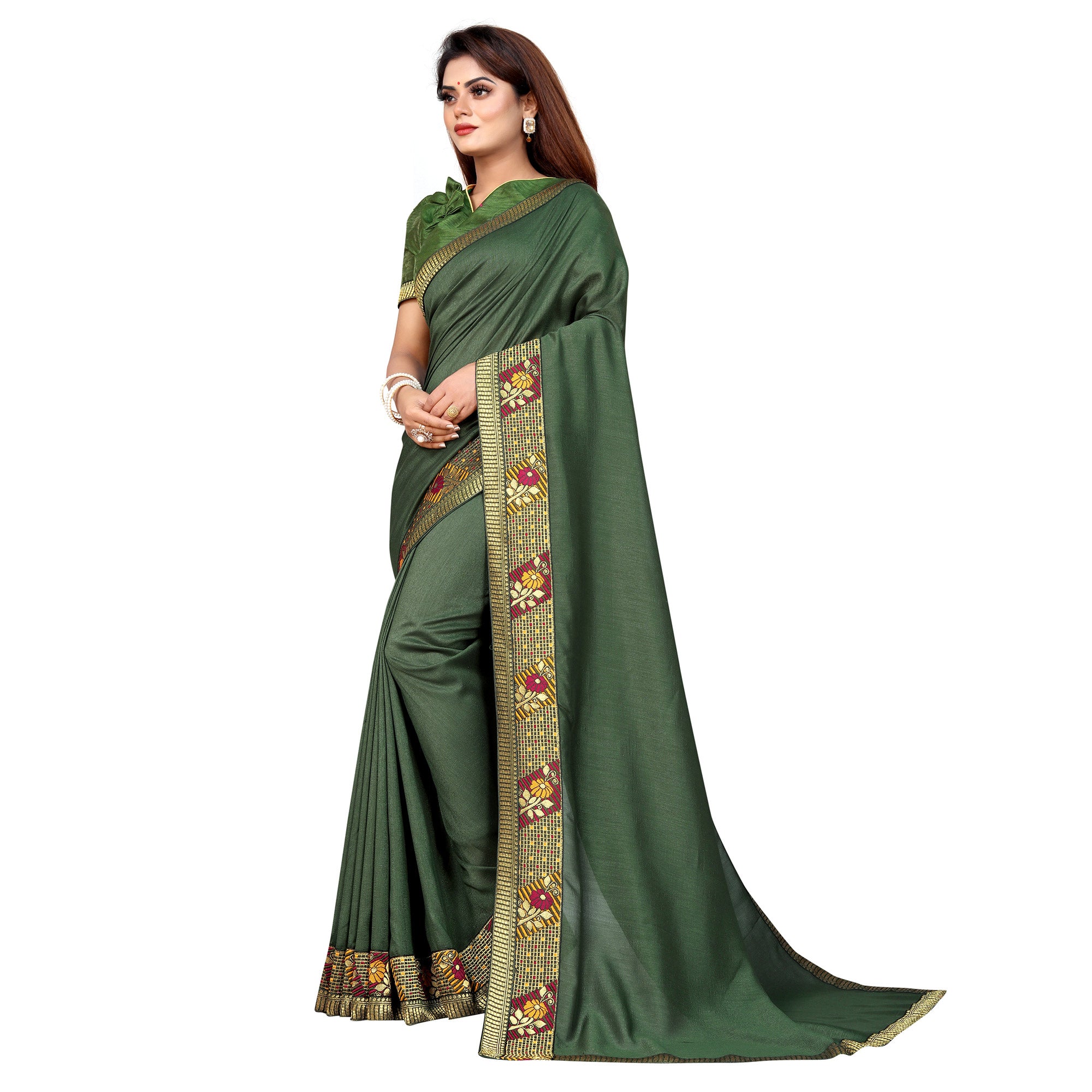 Mehandi Green Solid With Woven Border Vichitra Silk Saree