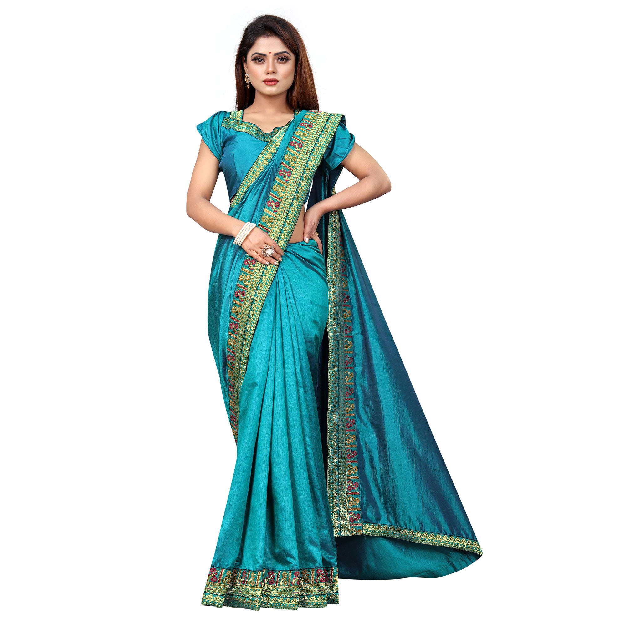 Turquoise Solid With Woven Border Vichitra Silk Saree
