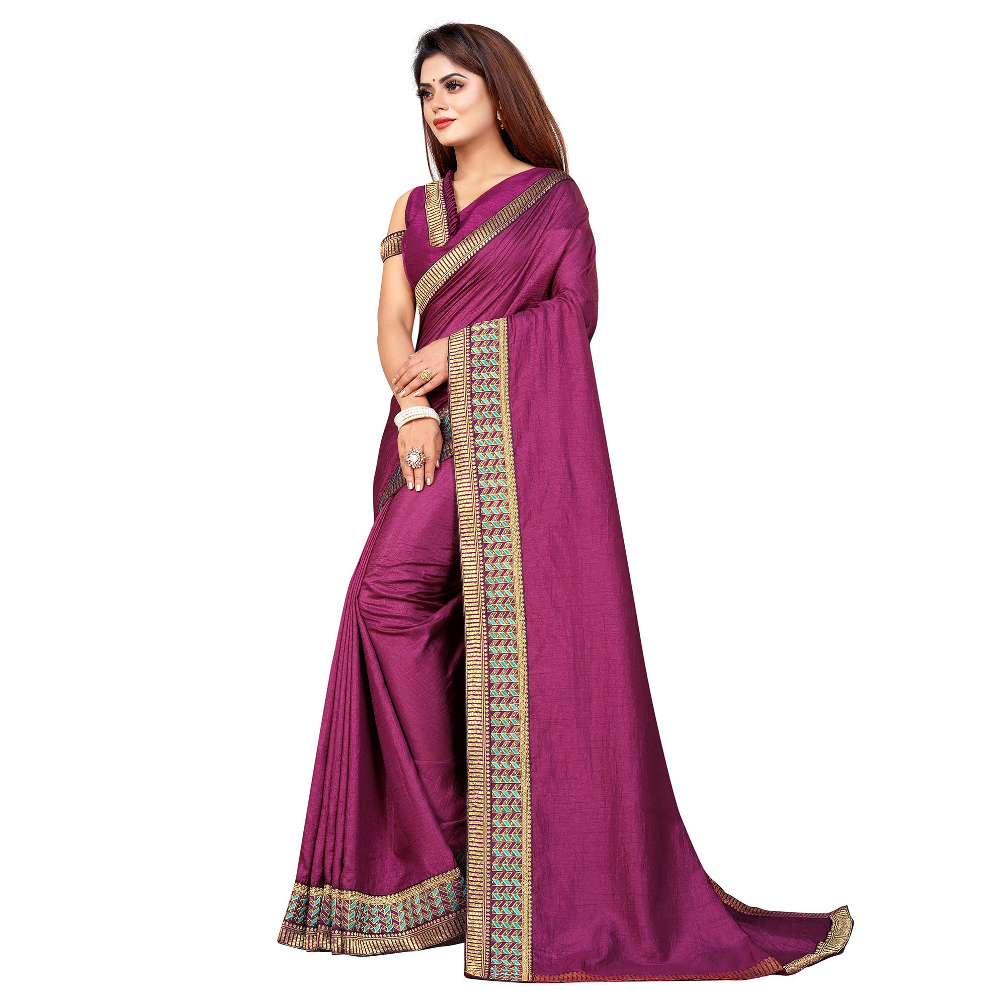 Wine Solid With Woven Border Vichitra Silk Saree