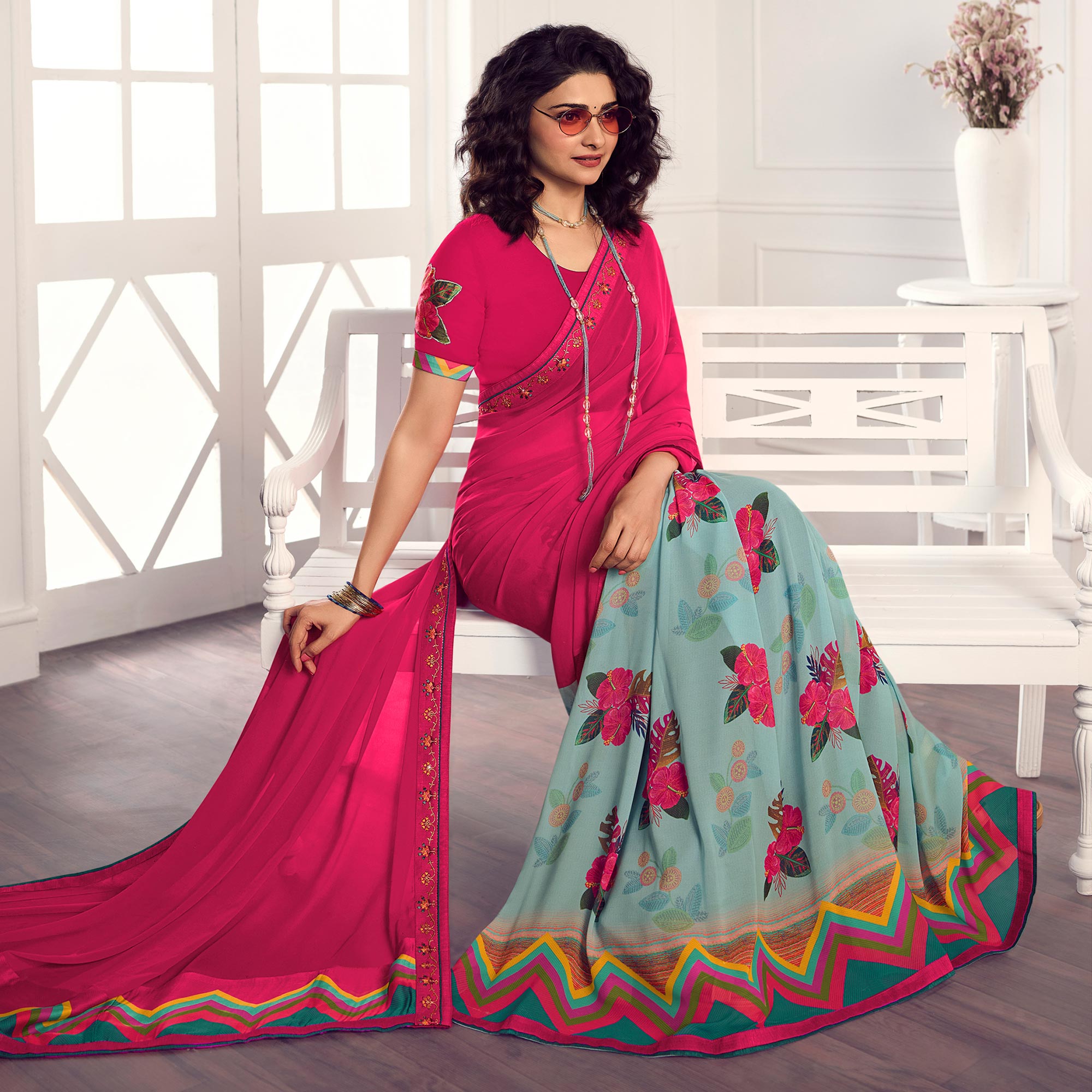 Pink Floral Printed Georgette Saree