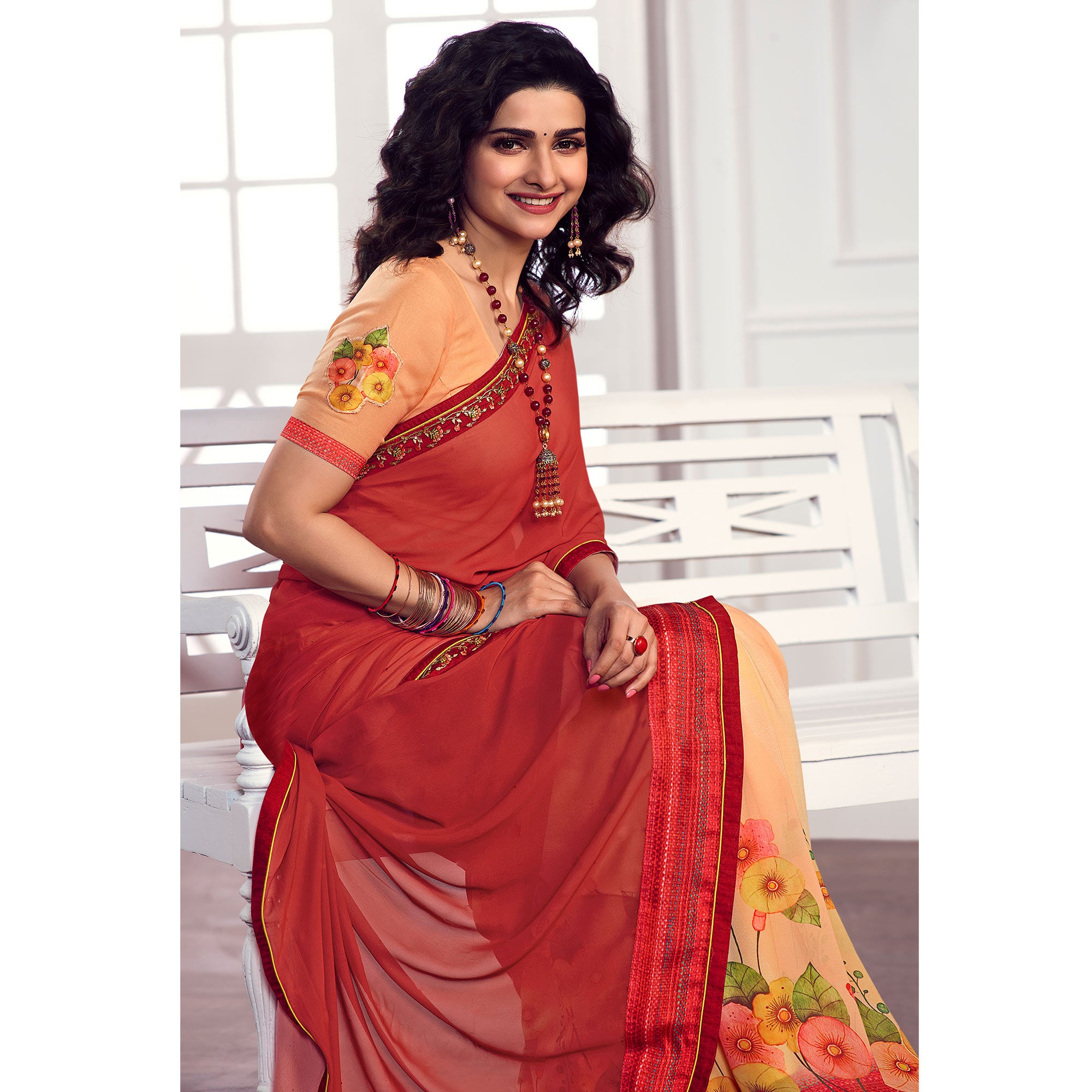 Red Floral Printed Georgette Saree