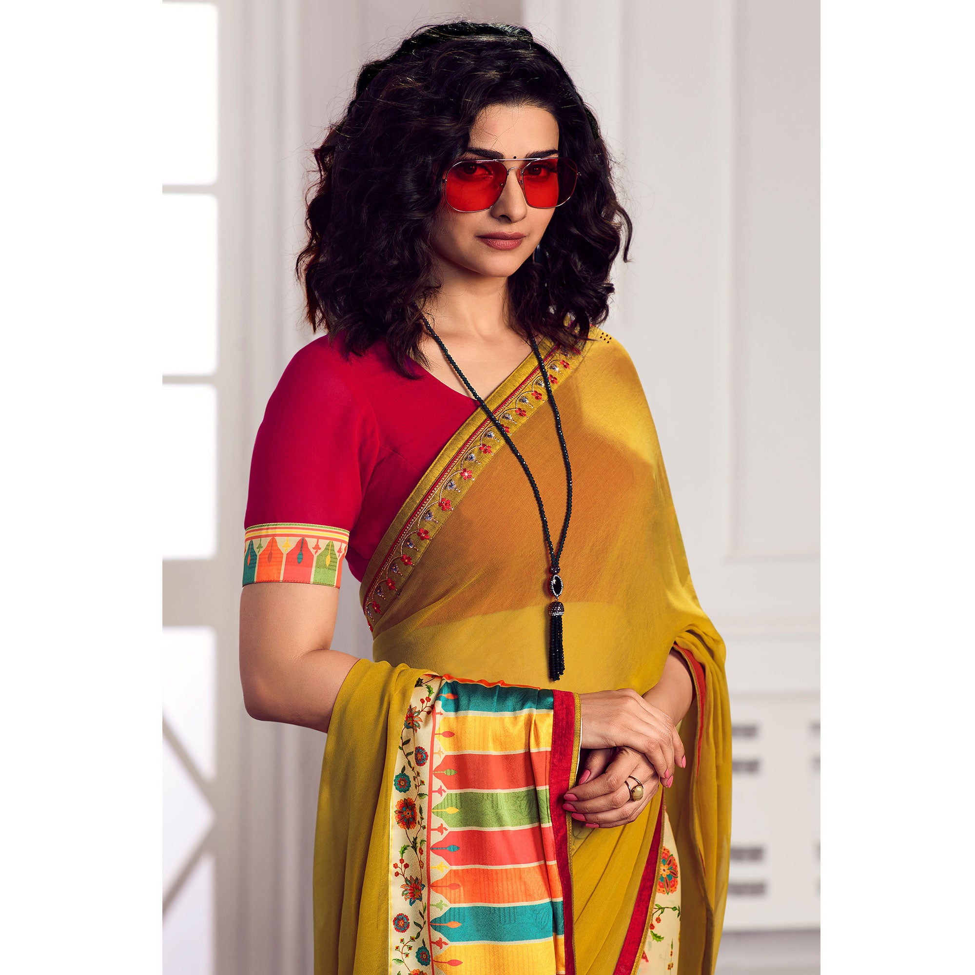 Yellow Floral Printed Georgette Saree