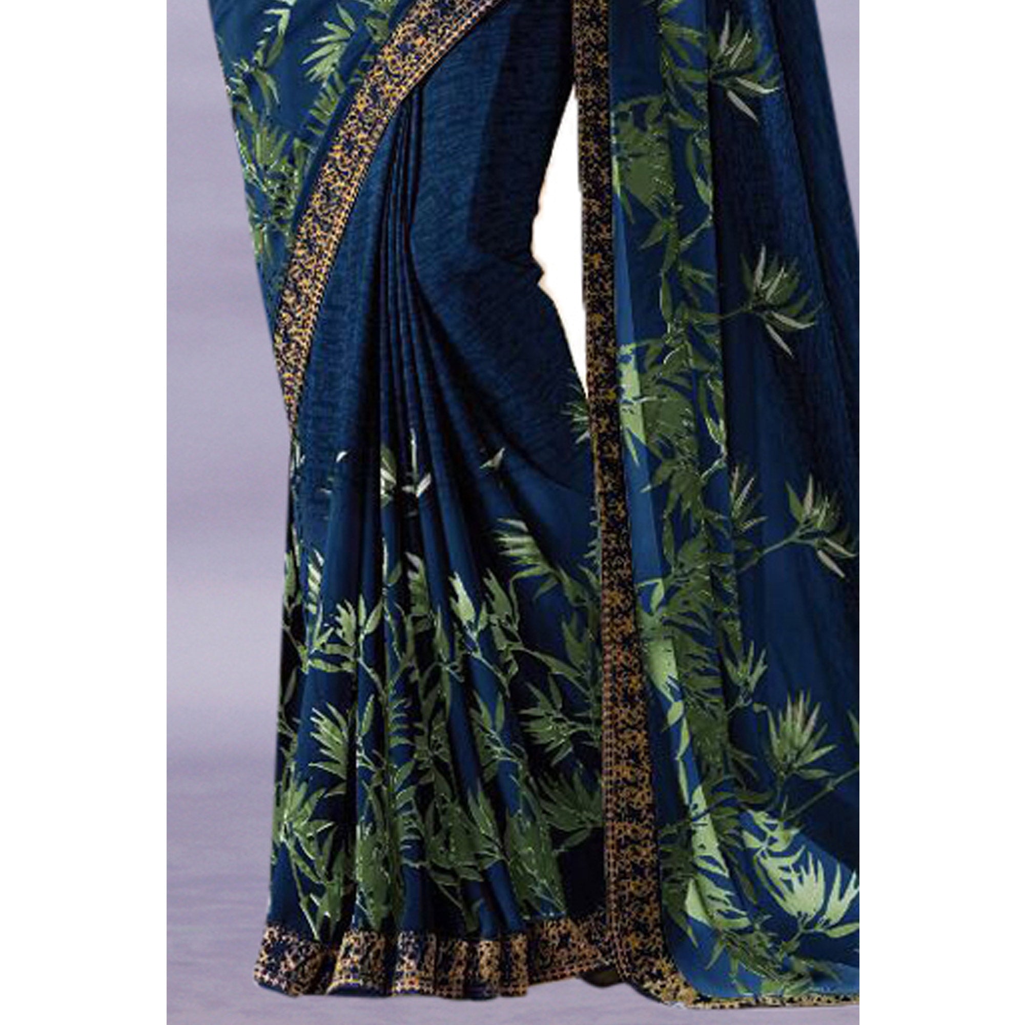 Dark Blue Floral Printed Georgette Saree