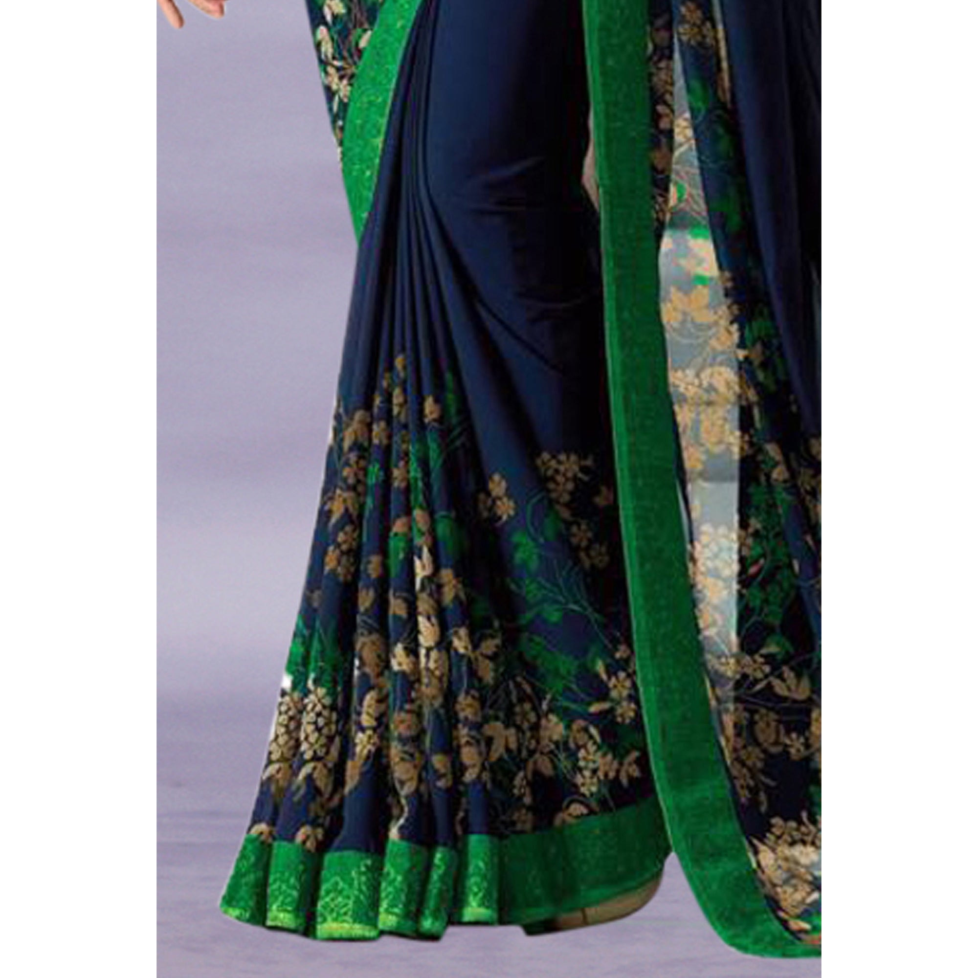 Navy Blue & Green Floral Printed Georgette Saree