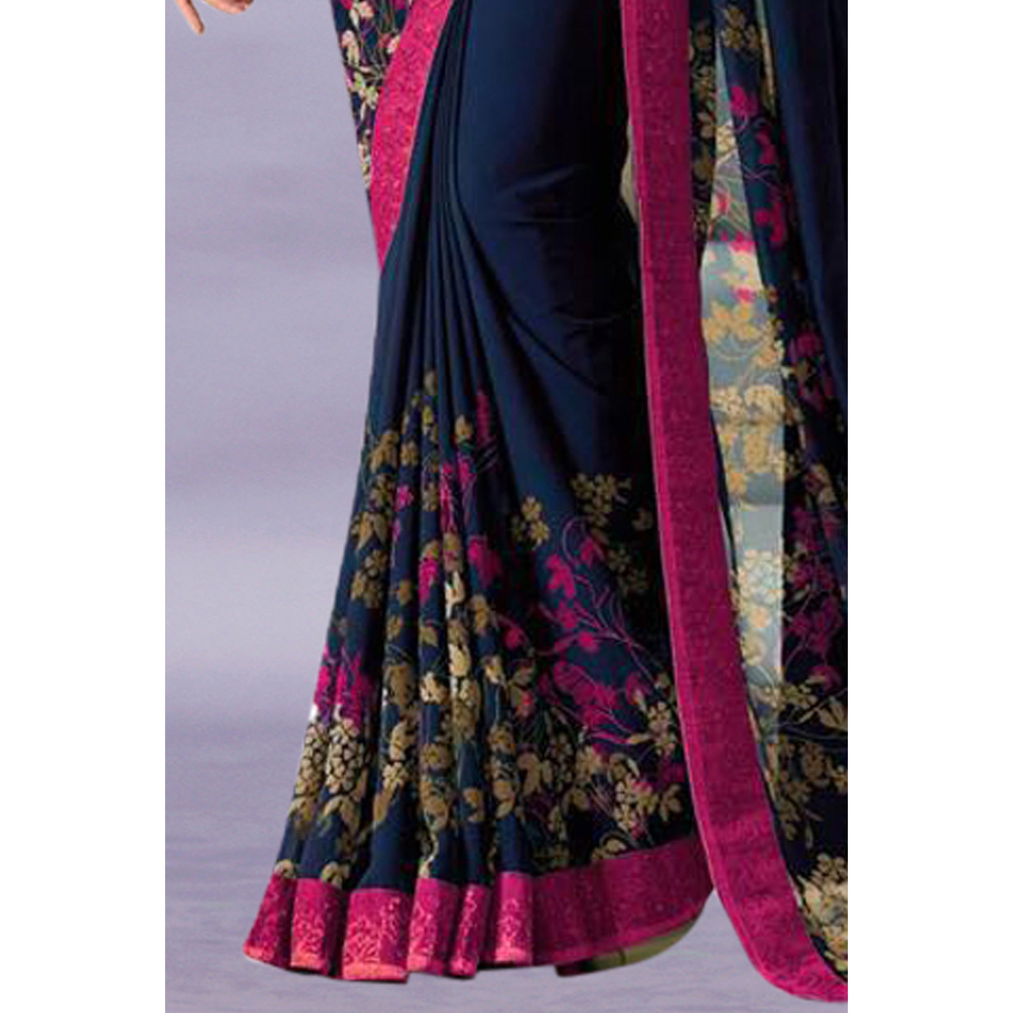 Navy Blue & Pink Floral Printed Georgette Saree