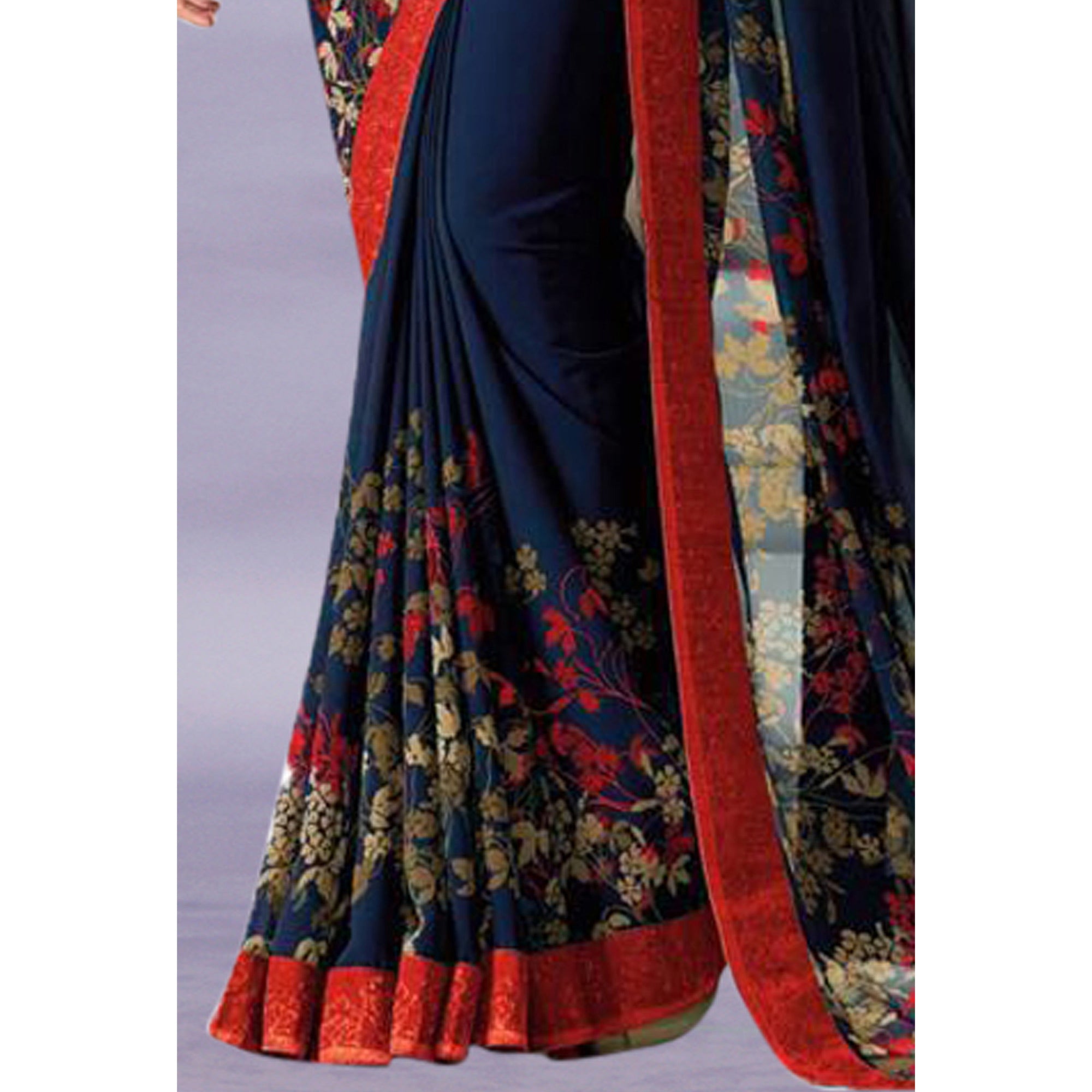 Navy Blue & Red Floral Printed Georgette Saree