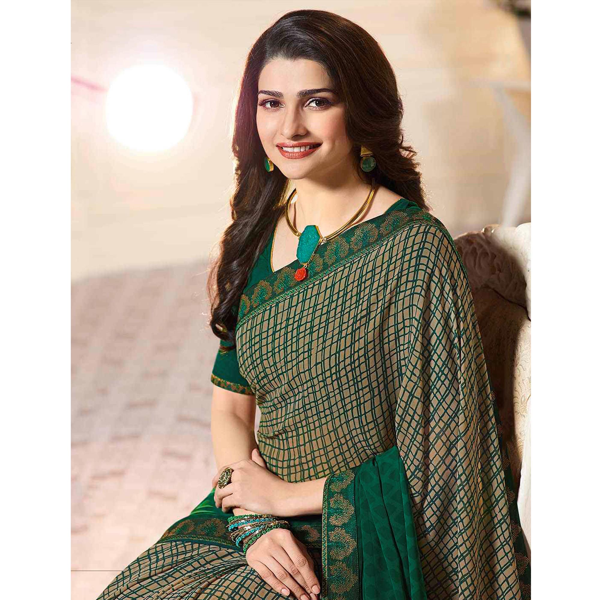 Green Printed Georgette Saree With Lace Border