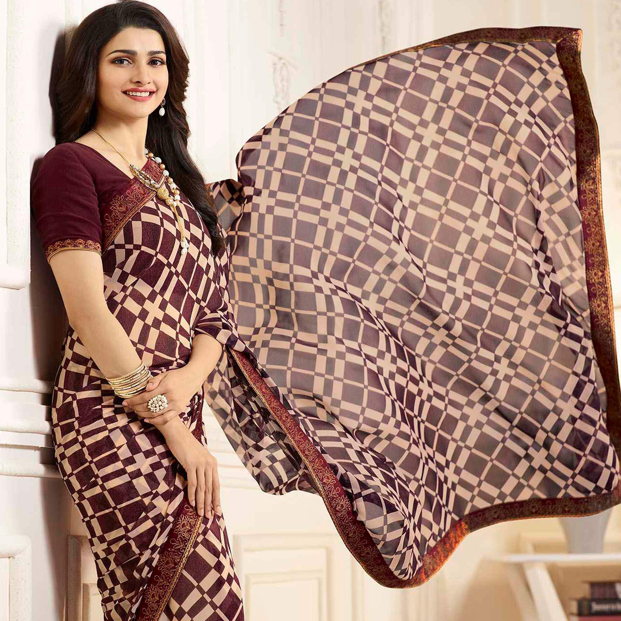 Maroon Printed Georgette Saree With Lace Border