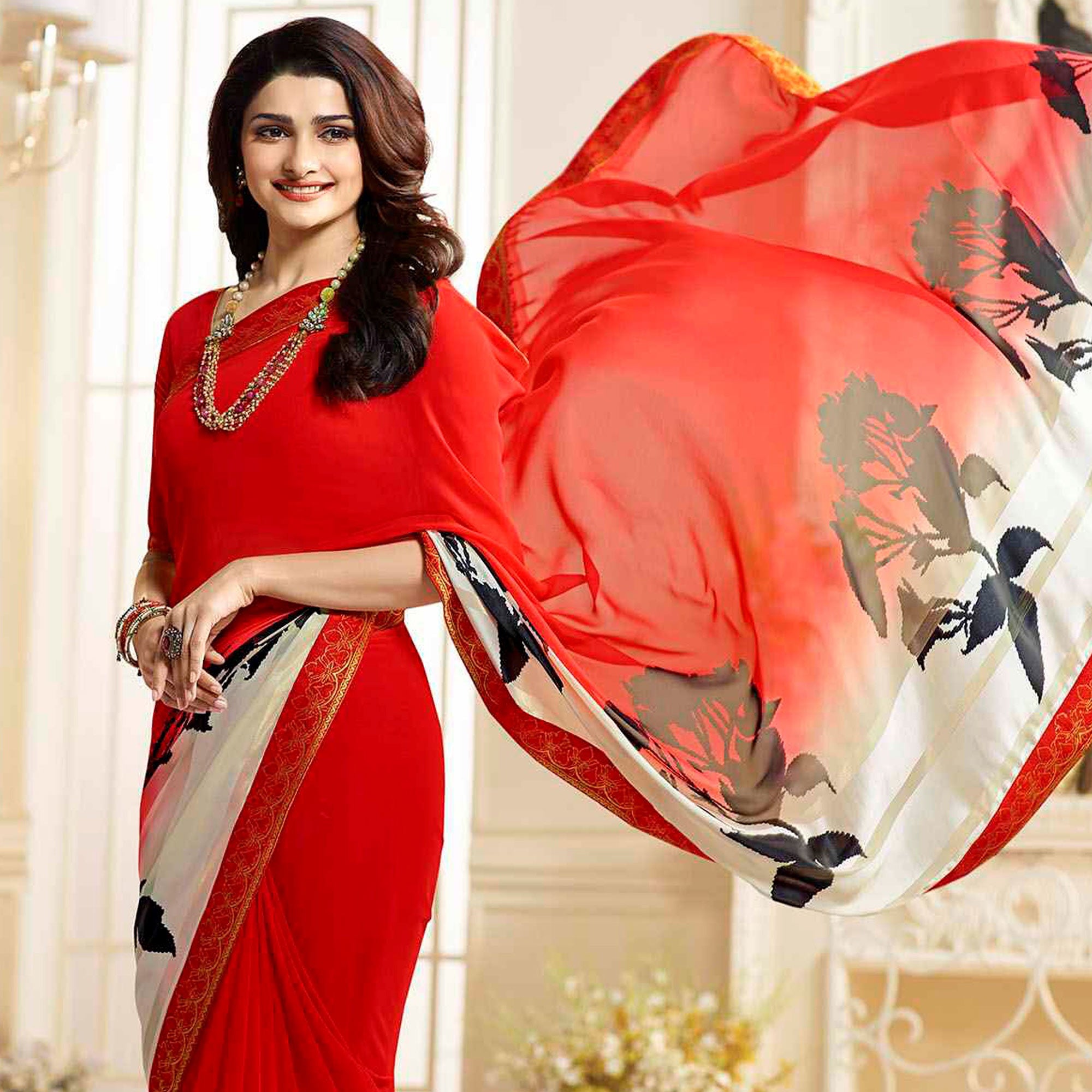 Red Printed Georgette Saree With Lace Border