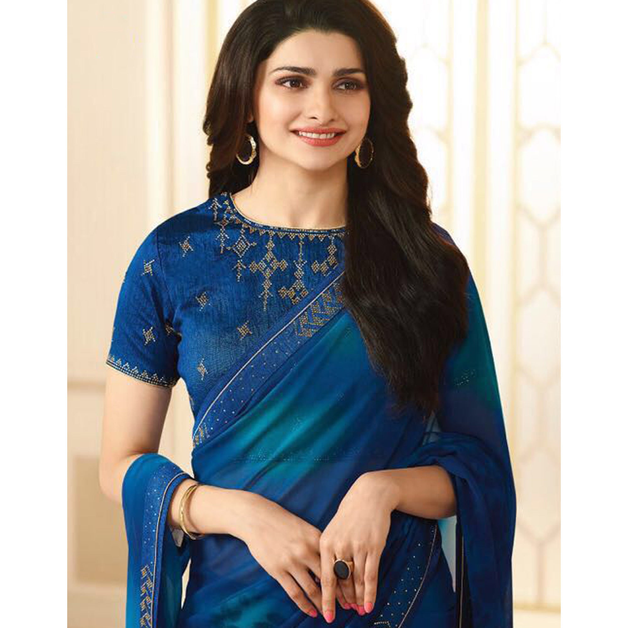 Royal Blue Swarovski Work Georgette Saree