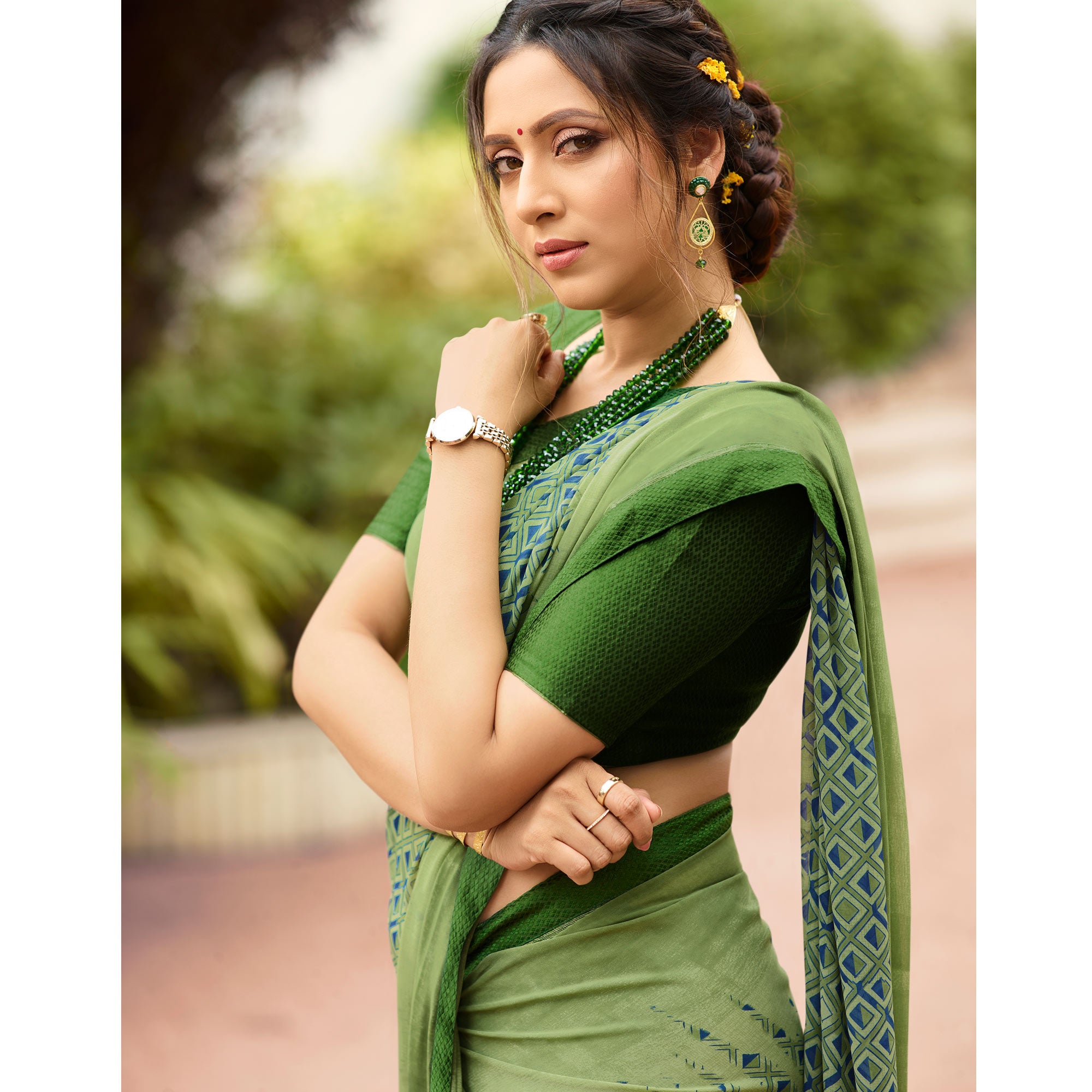 Green Printed Georgette Saree