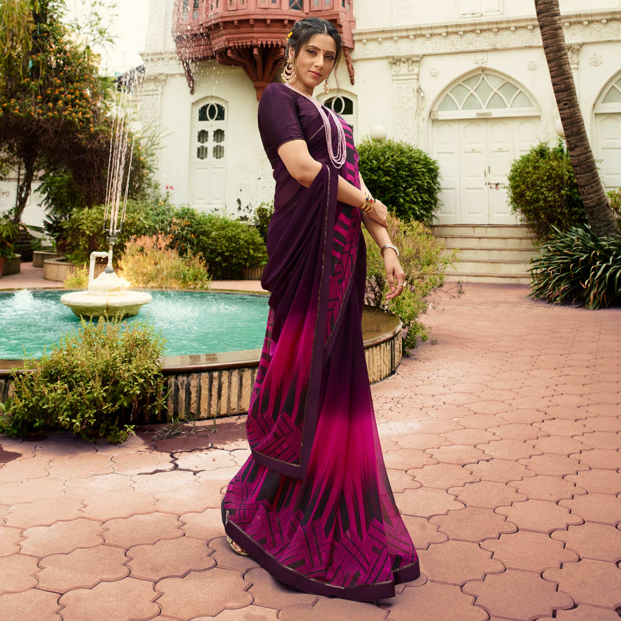 Purple Printed Georgette Saree