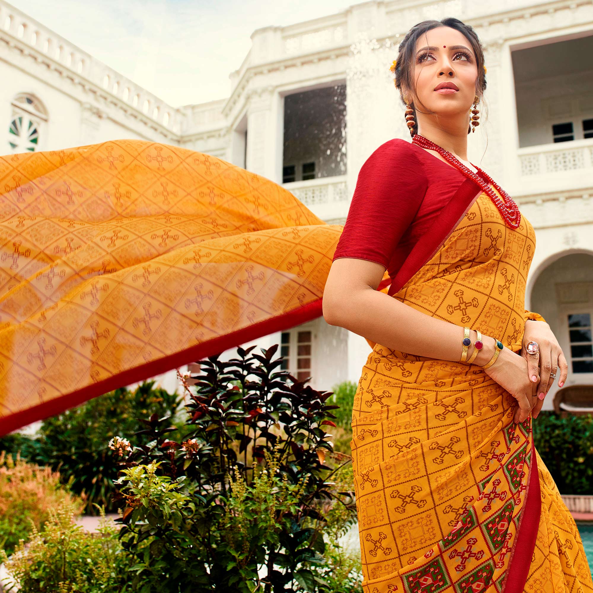 Yellow Printed Georgette Saree