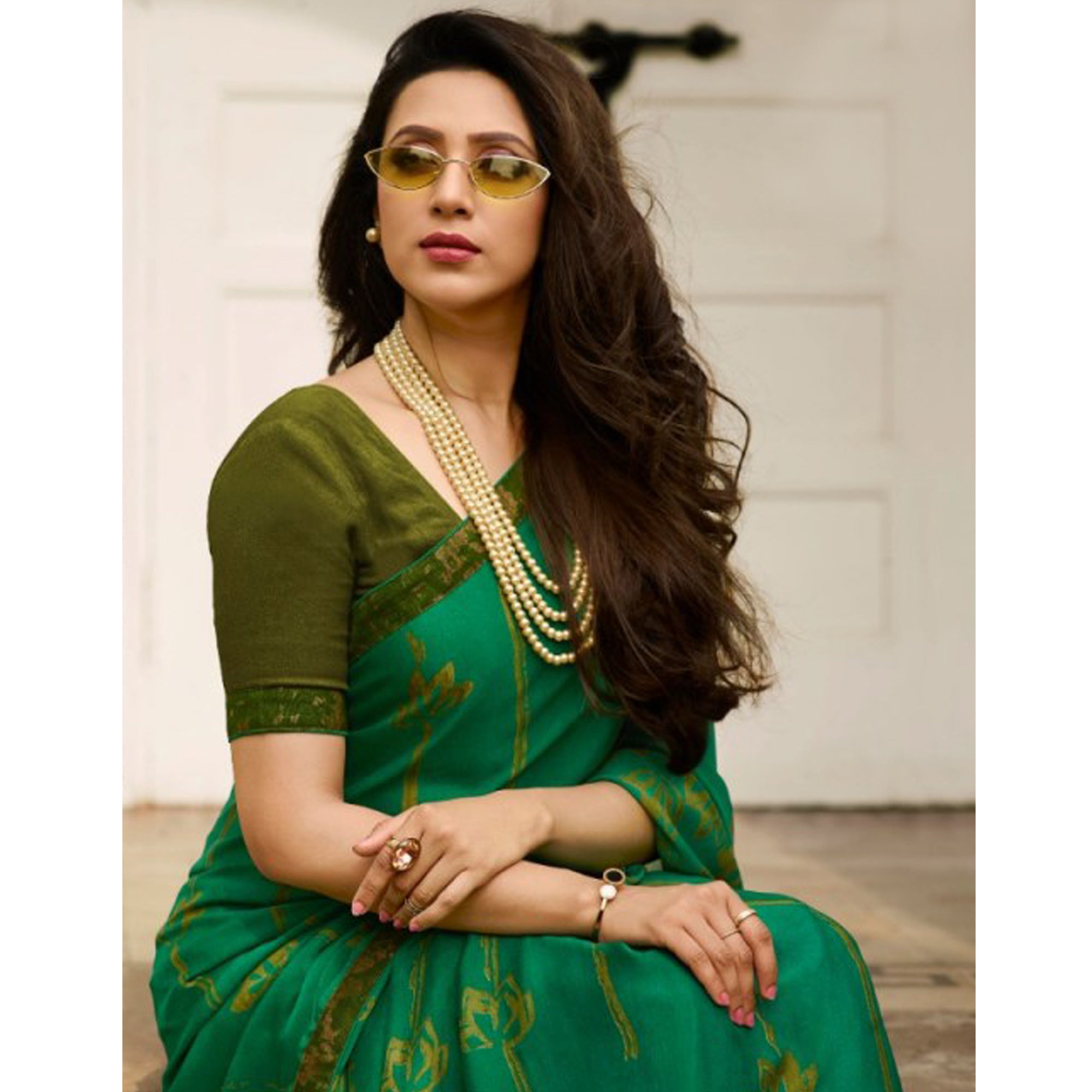 Green Printed Art Silk Saree With Lace Border