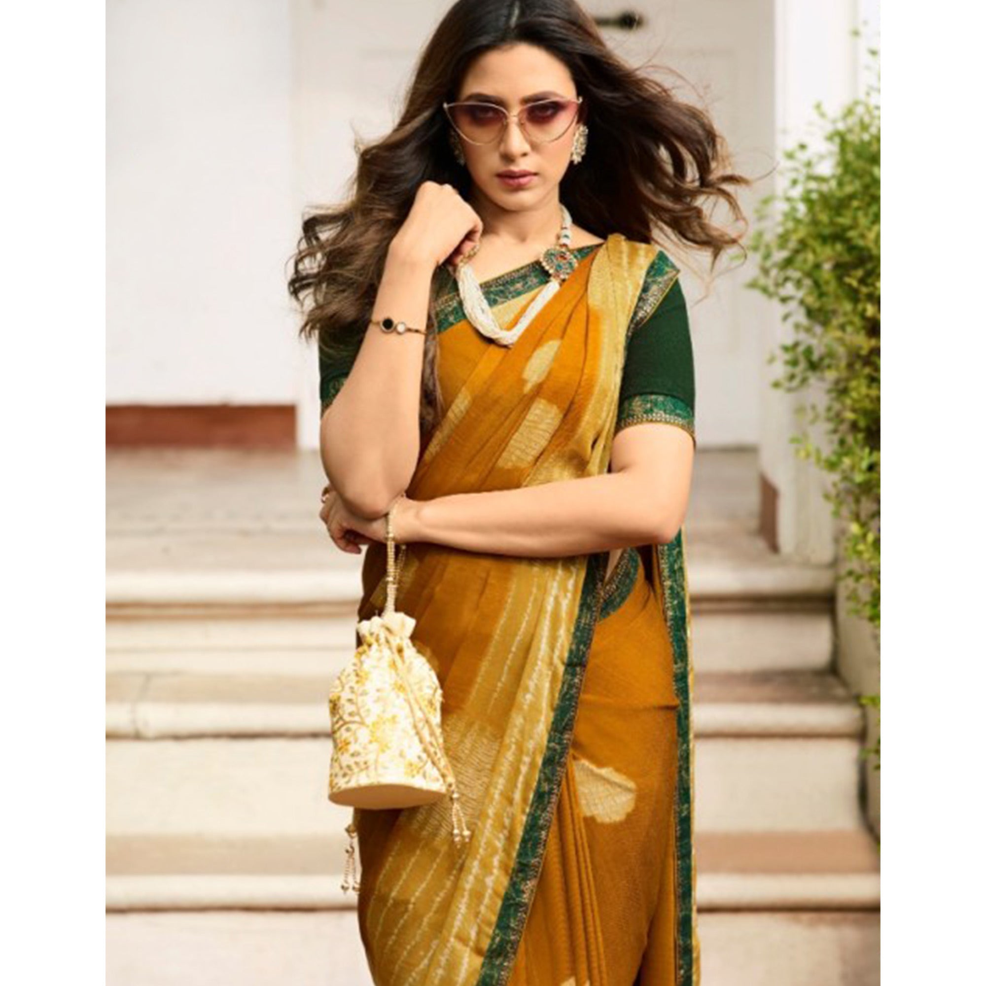 Mustard Printed Art Silk Saree With Lace Border