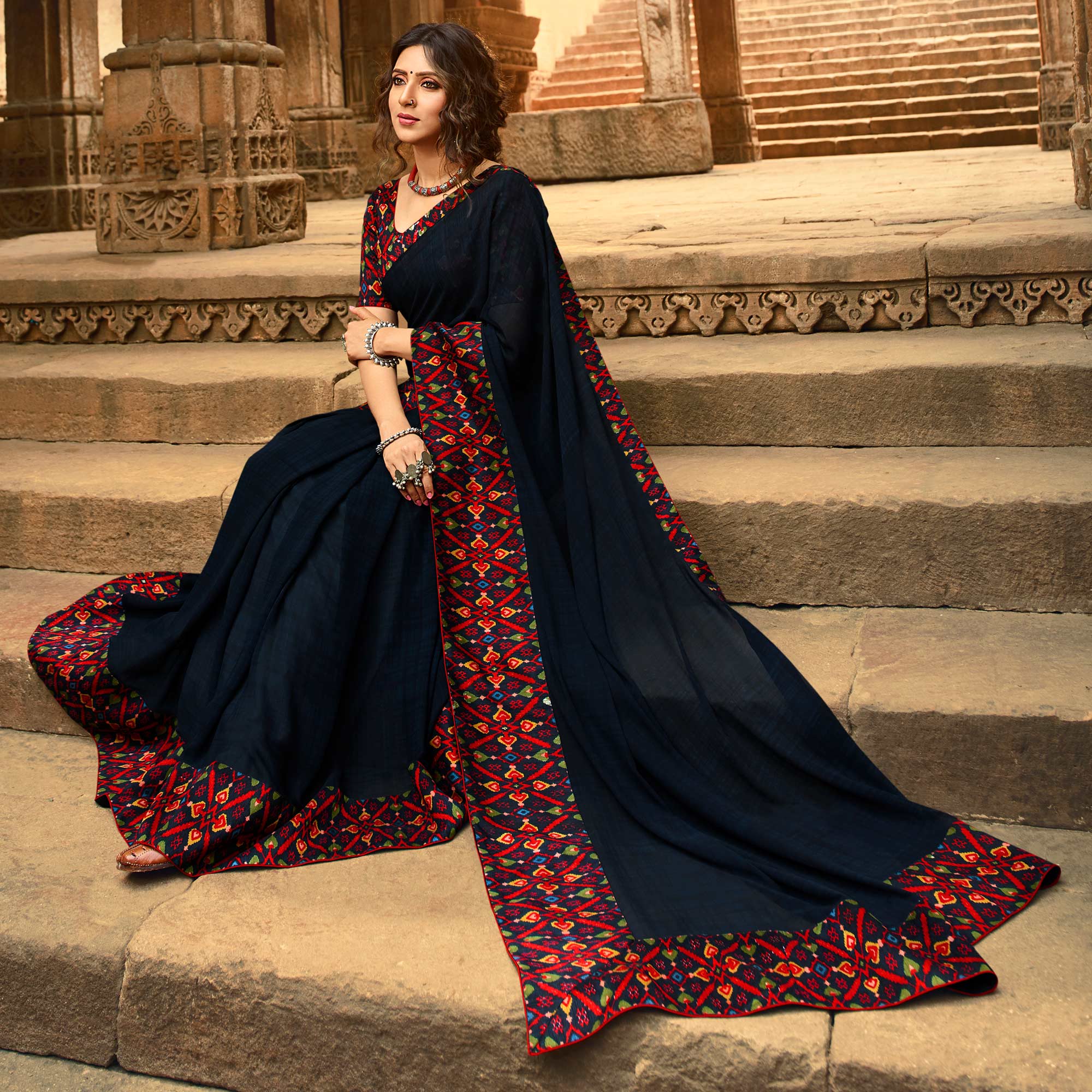 Blue Printed Georgette Saree With Lace Border