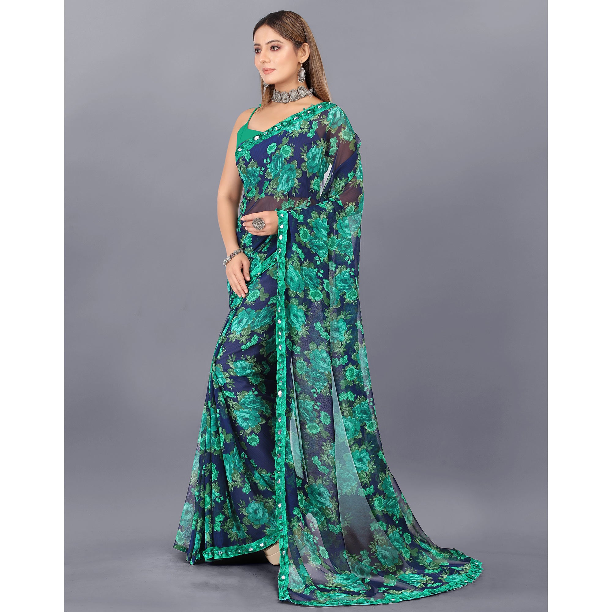Blue Floral Printed Georgette Saree With Lace Border