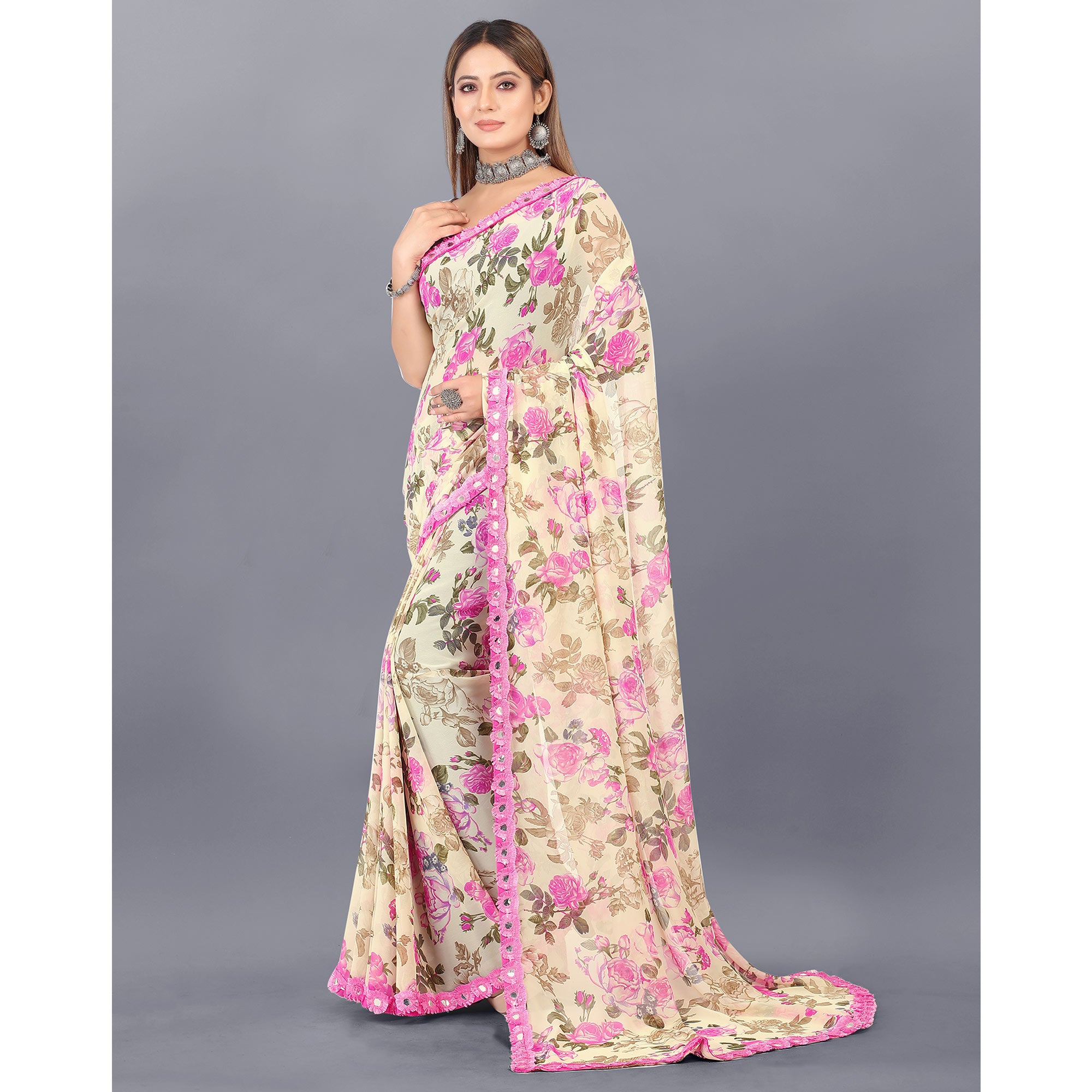 Cream Floral Printed Georgette Saree With Lace Border