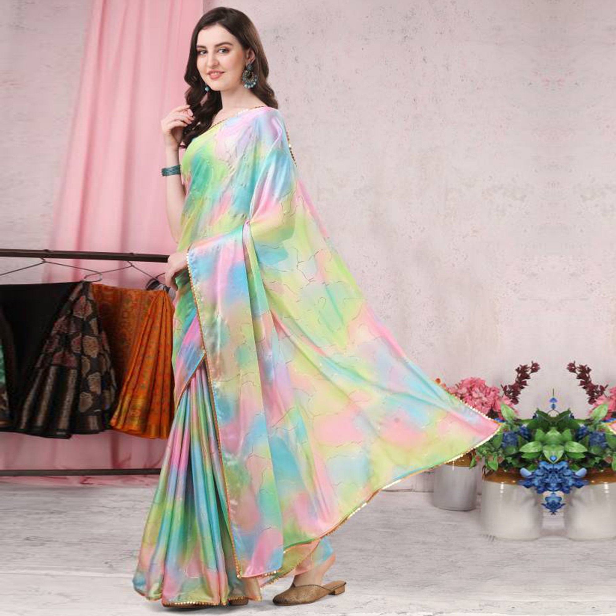 Multicolor Foil Printed Chiffon Saree With Fancy Border