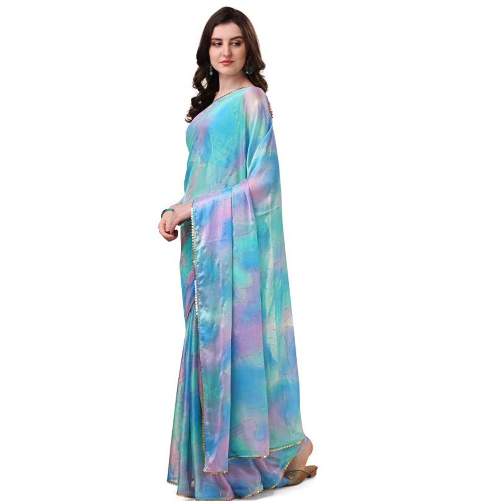 Sky Blue Foil Printed Chiffon Saree With Fancy Border