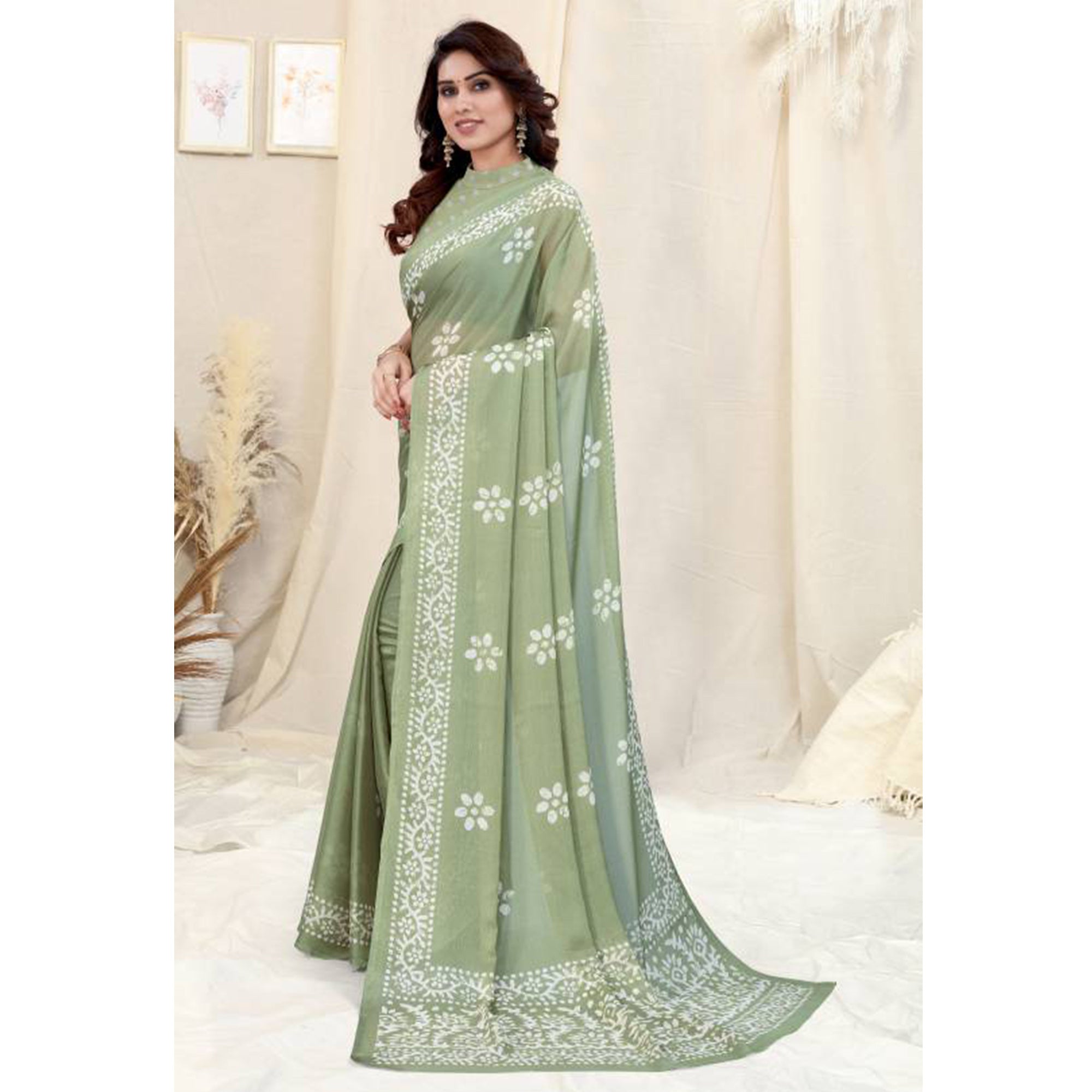 Green Floral Printed Chiffon Saree