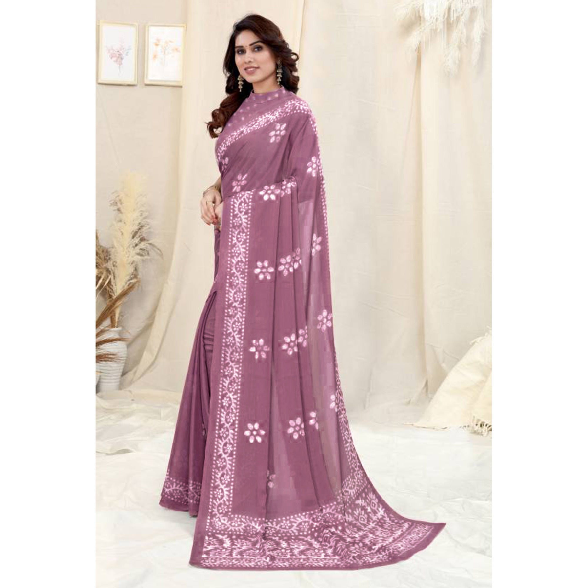 Mauve Floral Printed Chiffon Saree