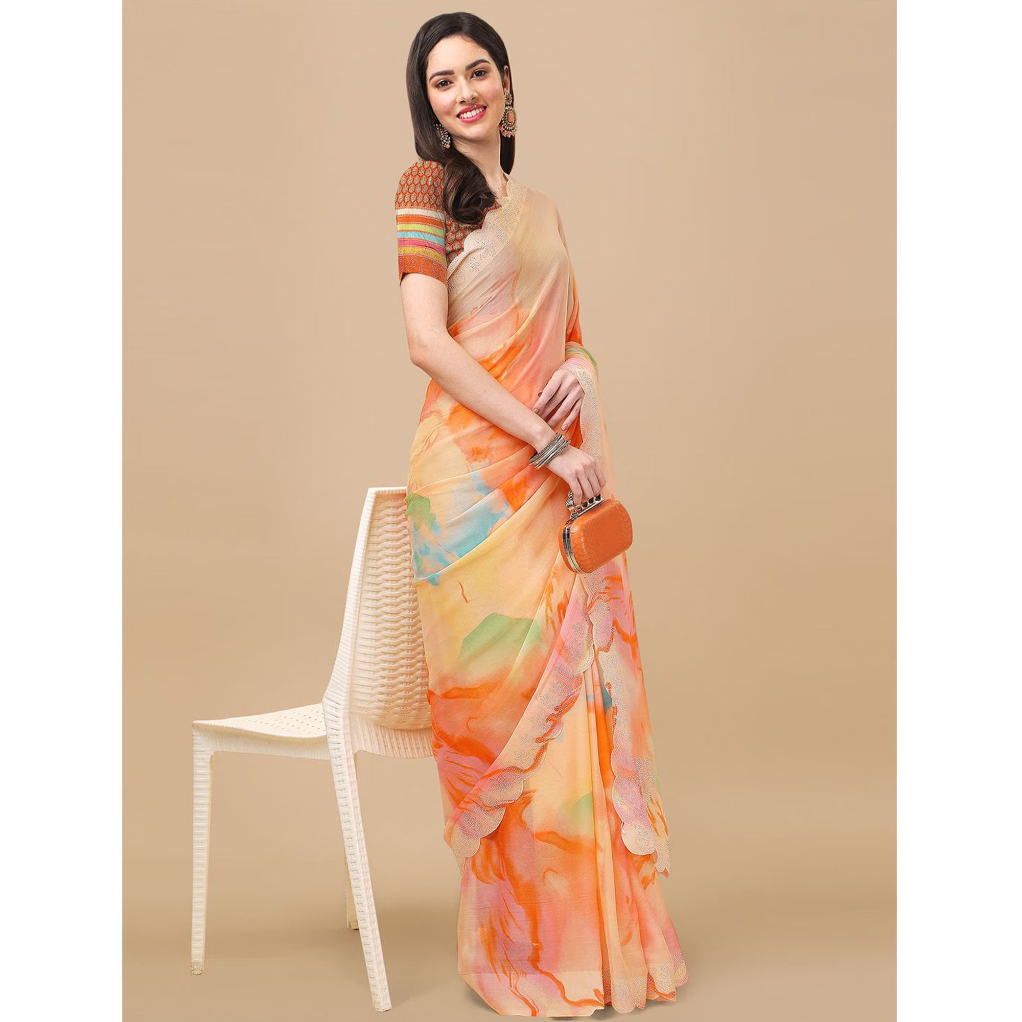 Orange Printed With Swarovski Work Chiffon Saree