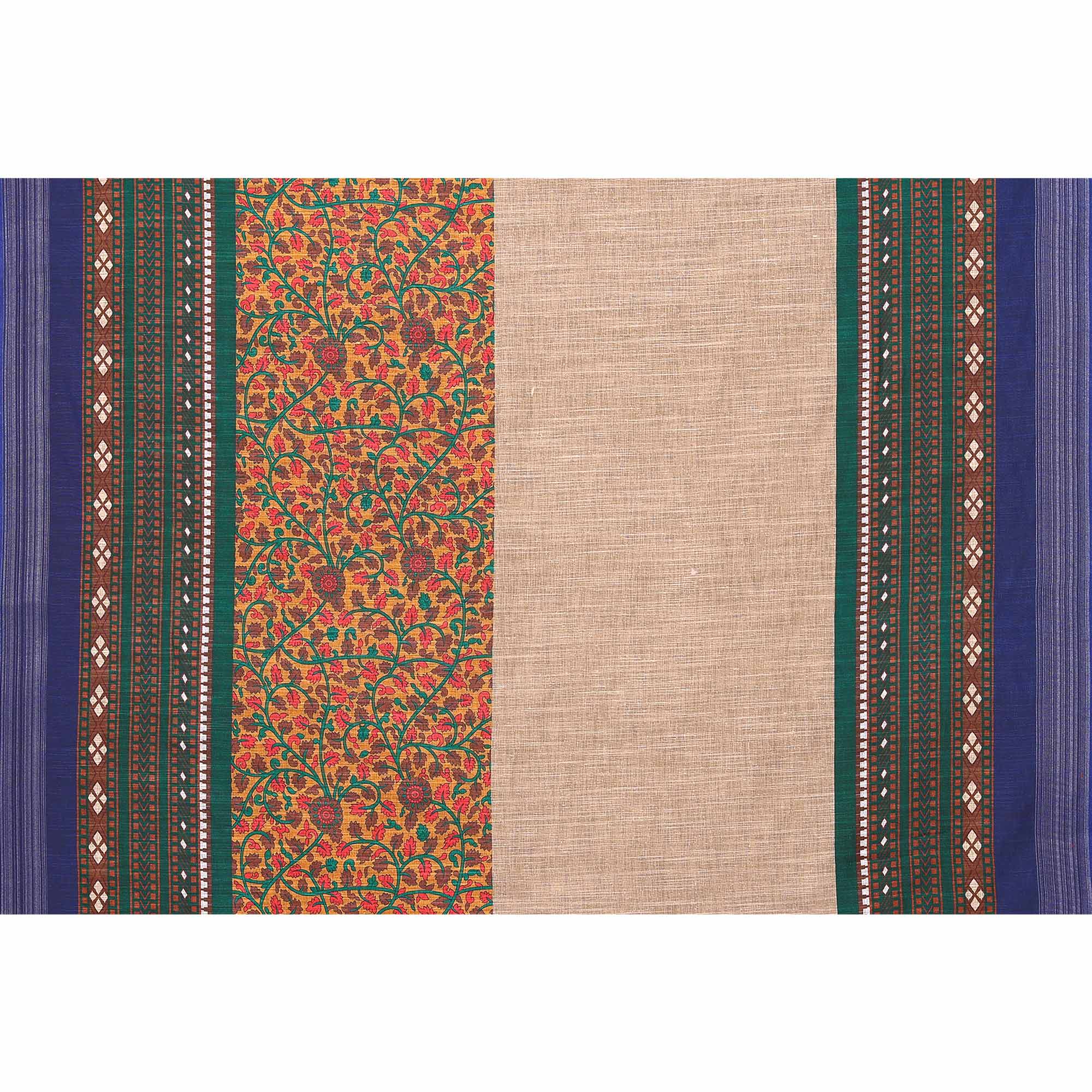 Beige Digital Floral Printed Linen Saree