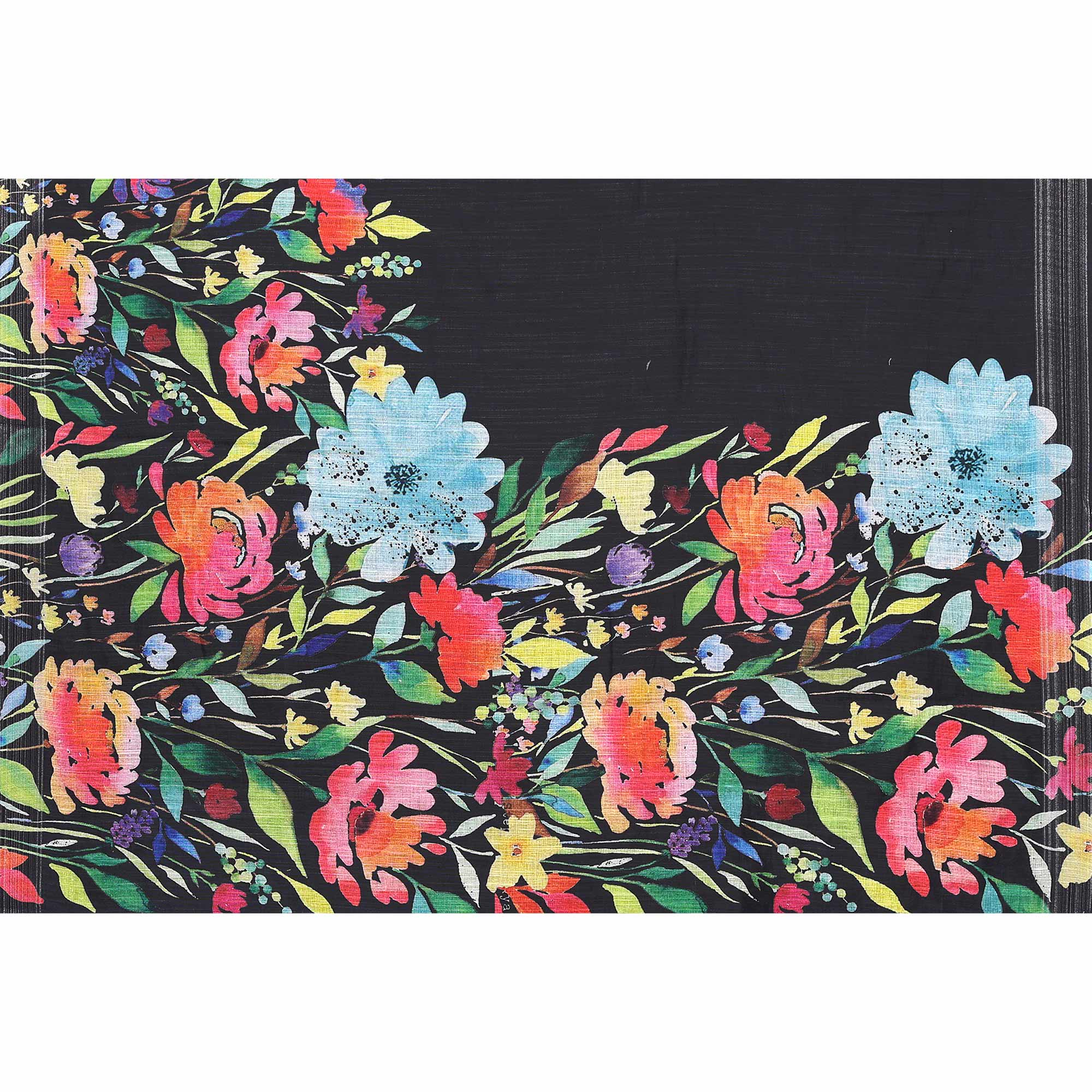Black Digital Floral Printed Linen Saree