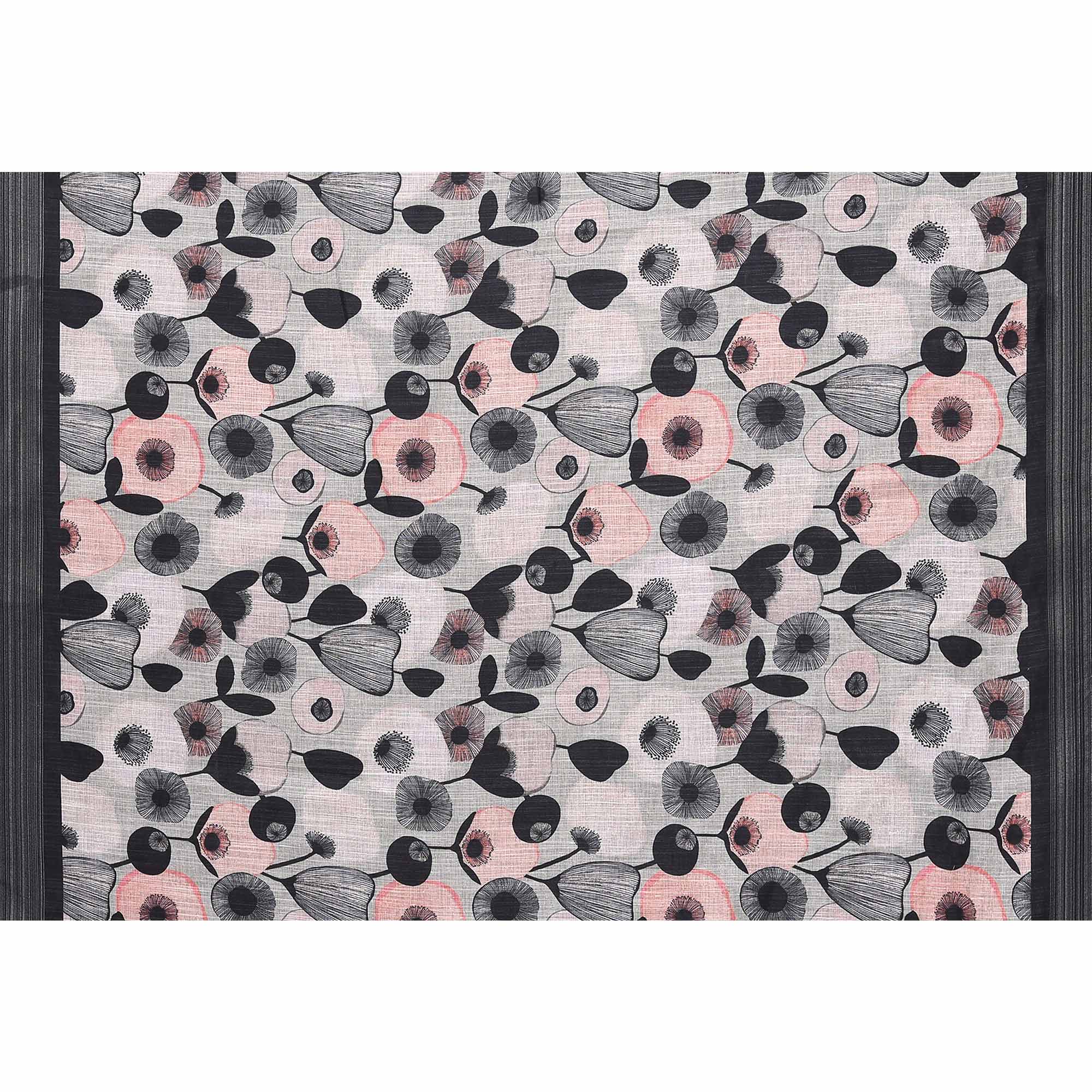 Grey & Black Digital Floral Printed Linen Saree