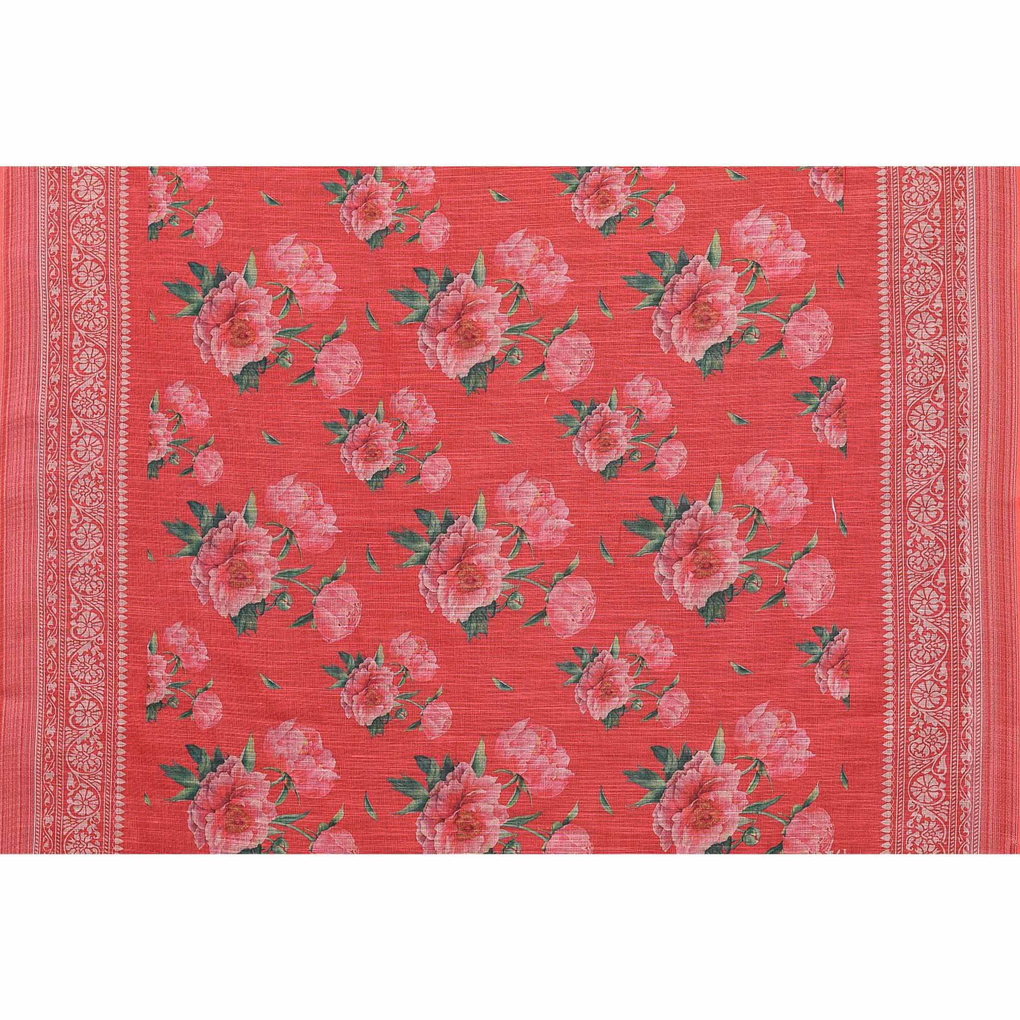 Red Digital Floral Printed Linen Saree