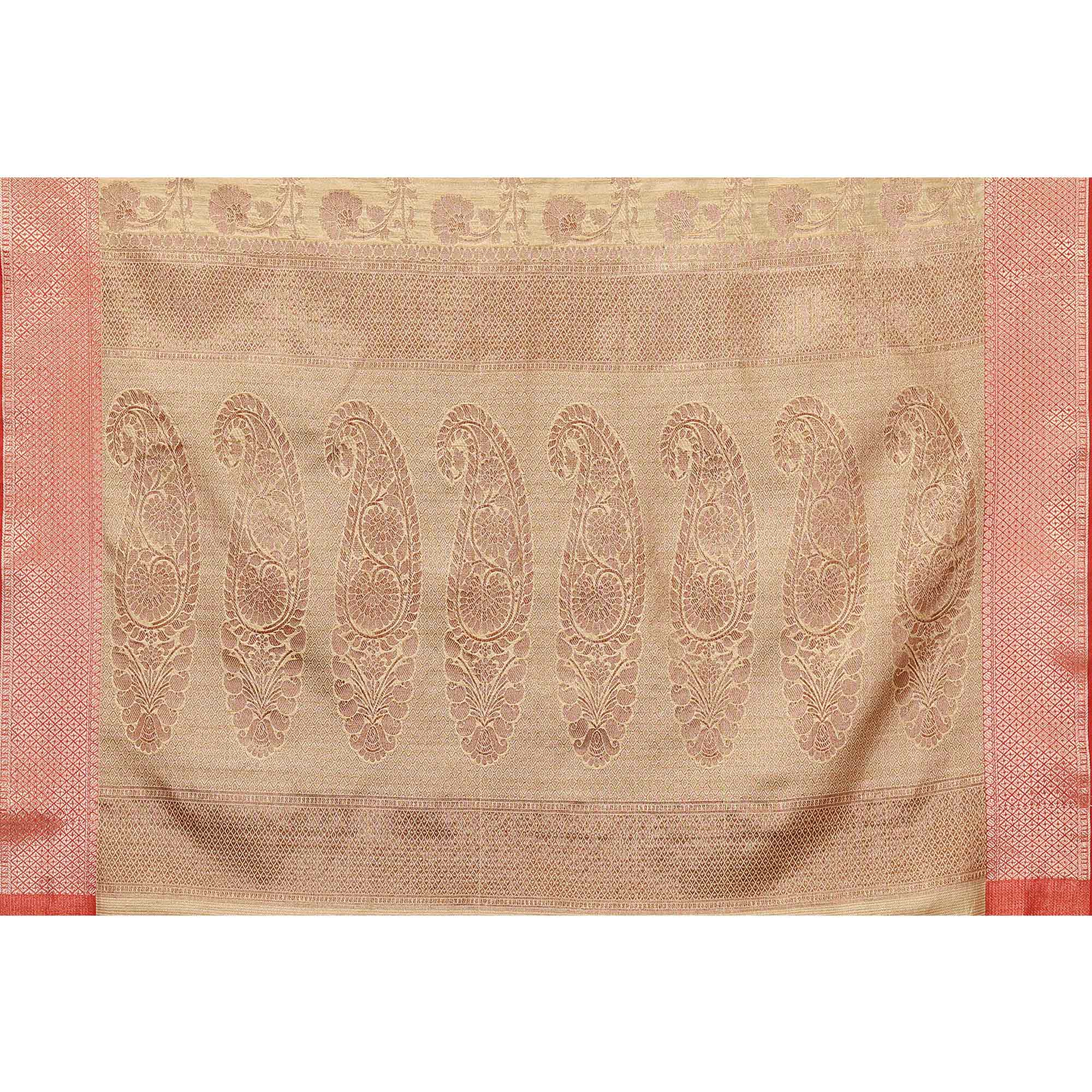 Beige Floral Woven Banarasi Silk Saree