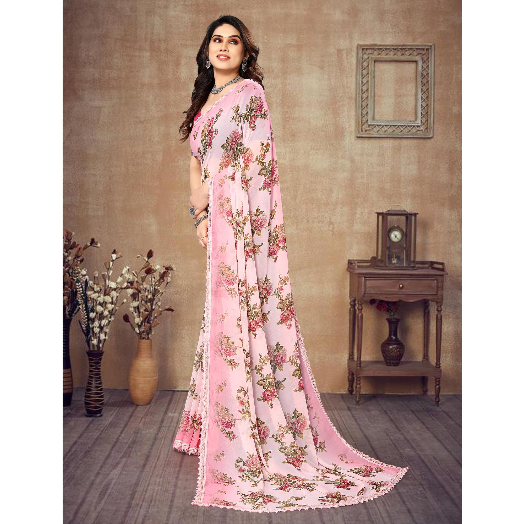 Light Pink Floral Printed Georgette Saree With Lace Border