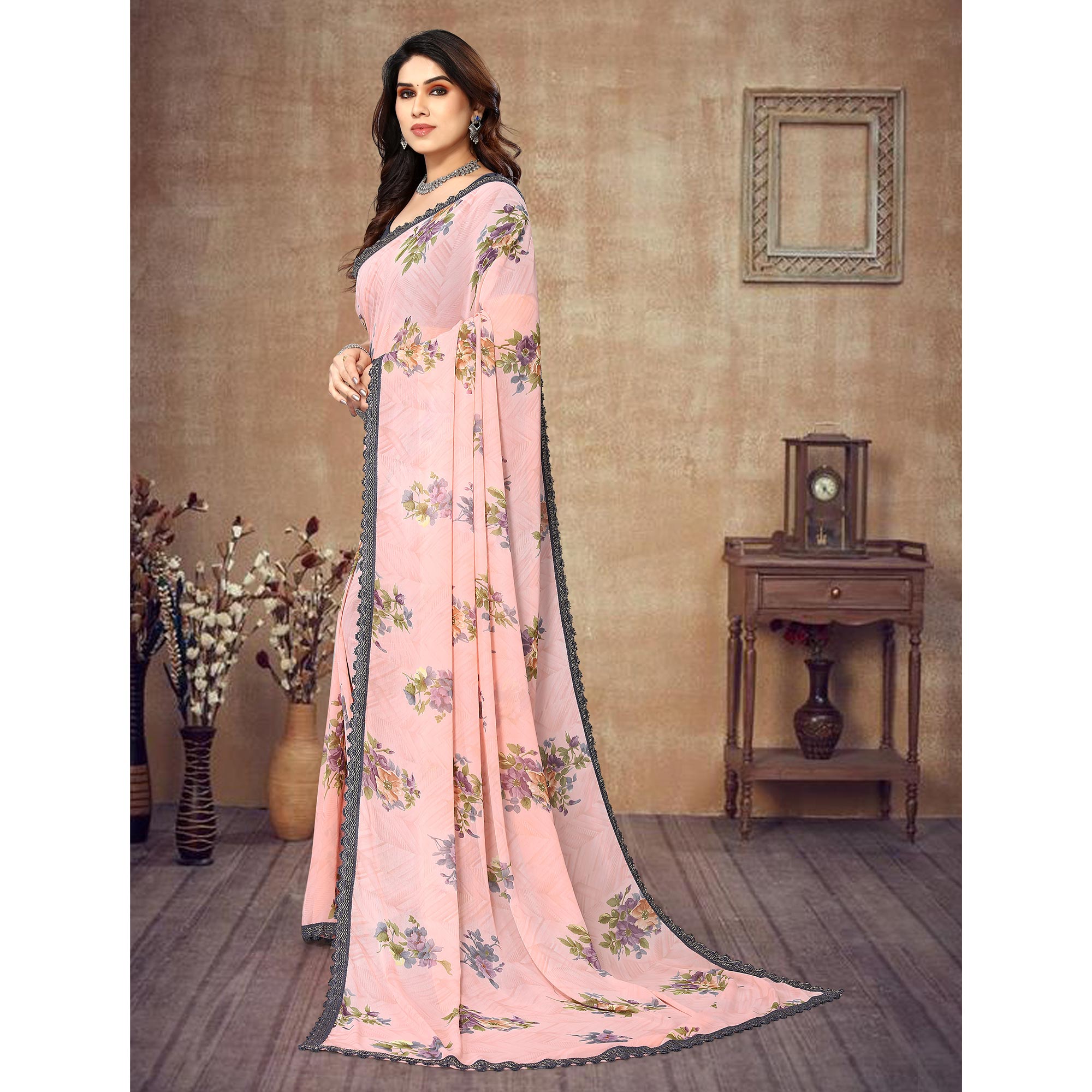 Peach Floral Printed Georgette Saree With Lace Border