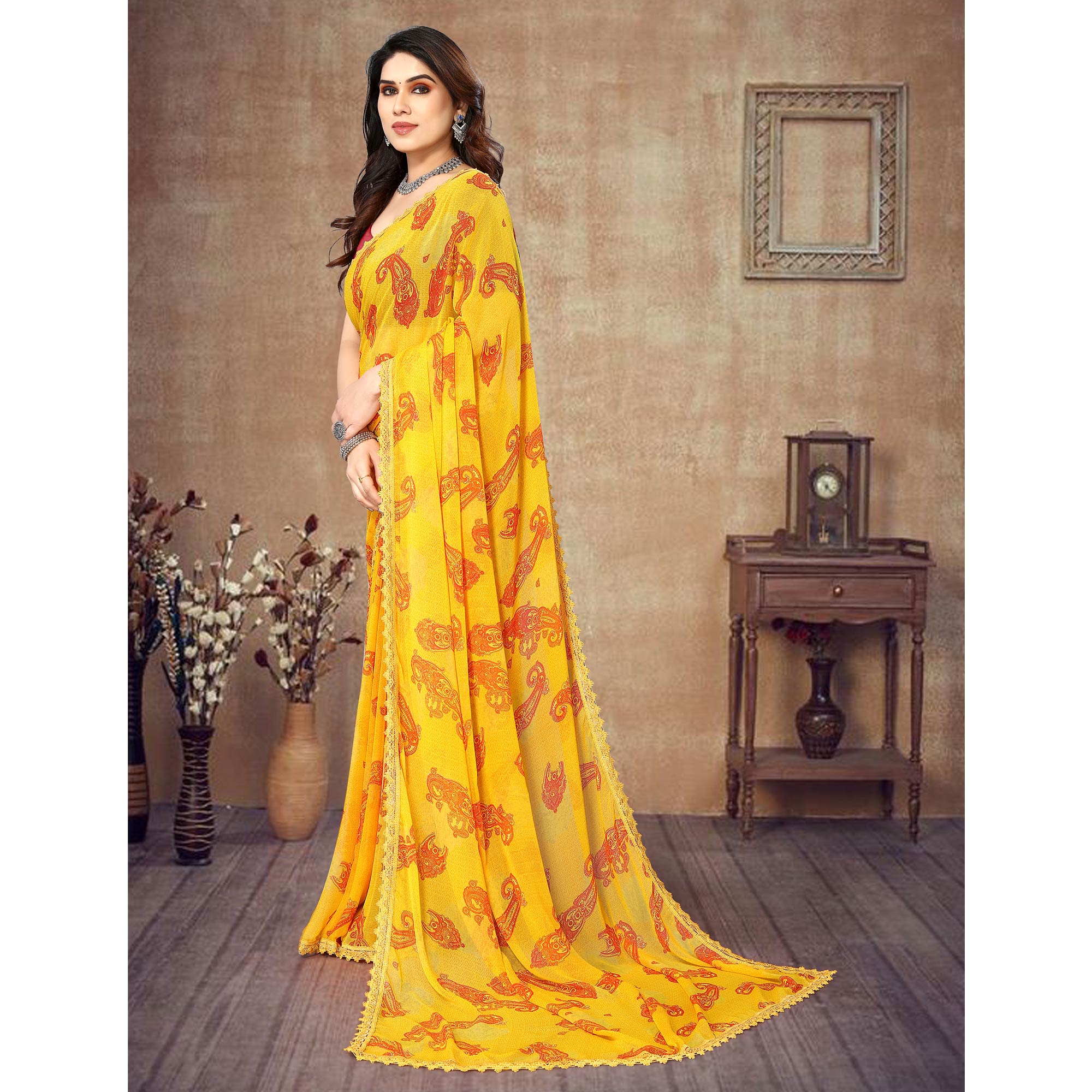 Yellow Floral Printed Georgette Saree With Lace Border