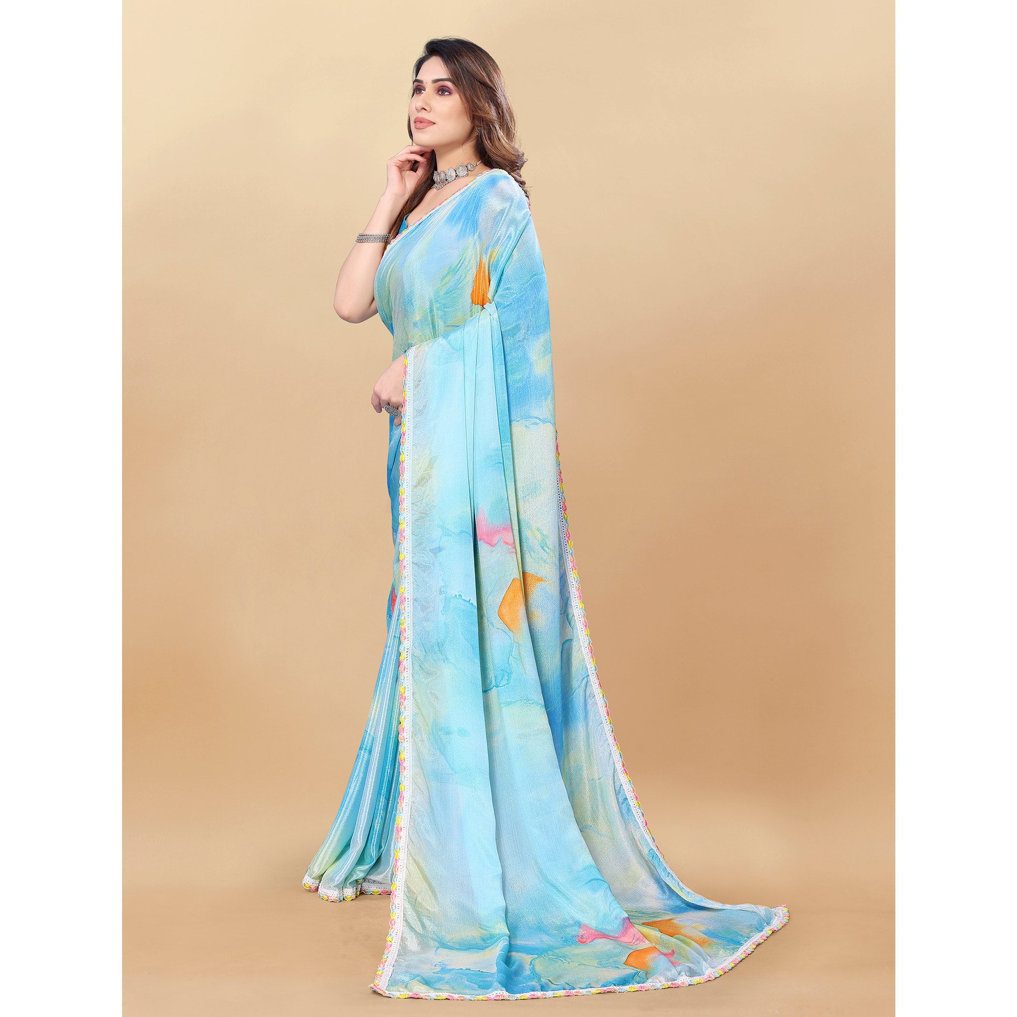 Blue Printed Chiinon Saree With Lace Border