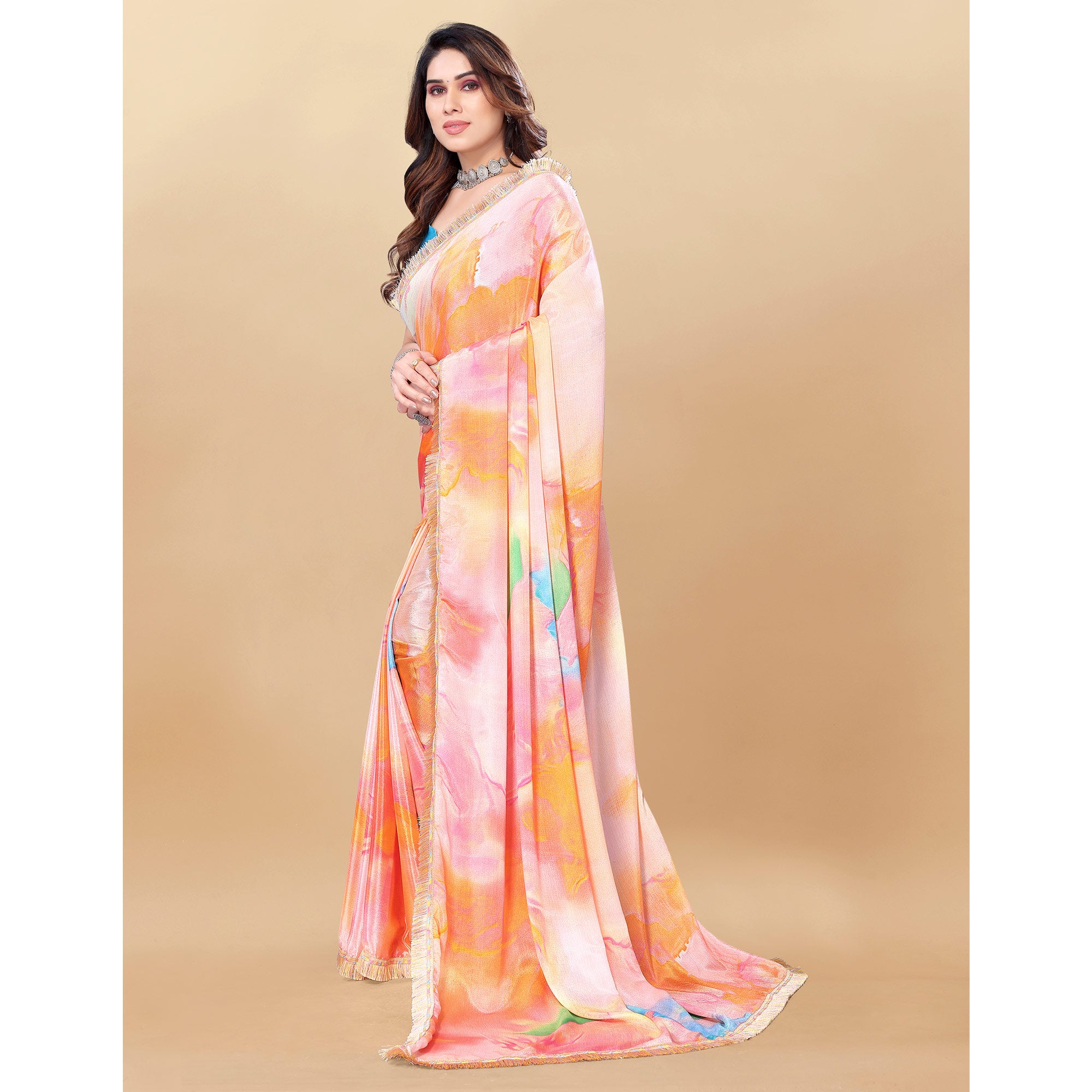 Pink & Orange Printed Chiinon Saree With Lace Border